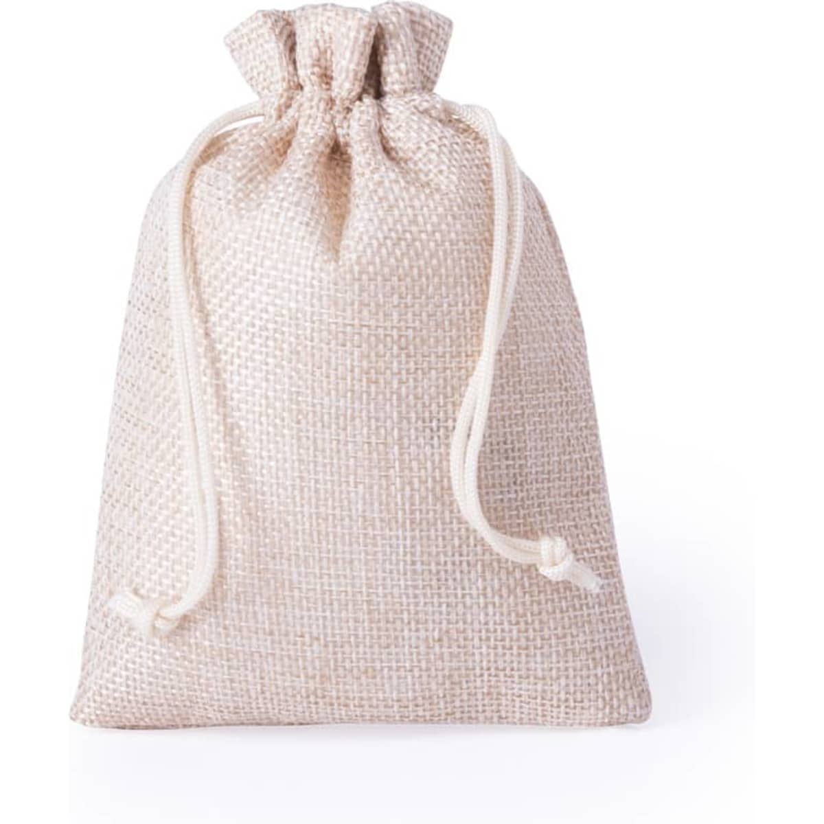 A small, pale pink drawstring bag made from textured fabric, featuring a cinch top and neutral tones.