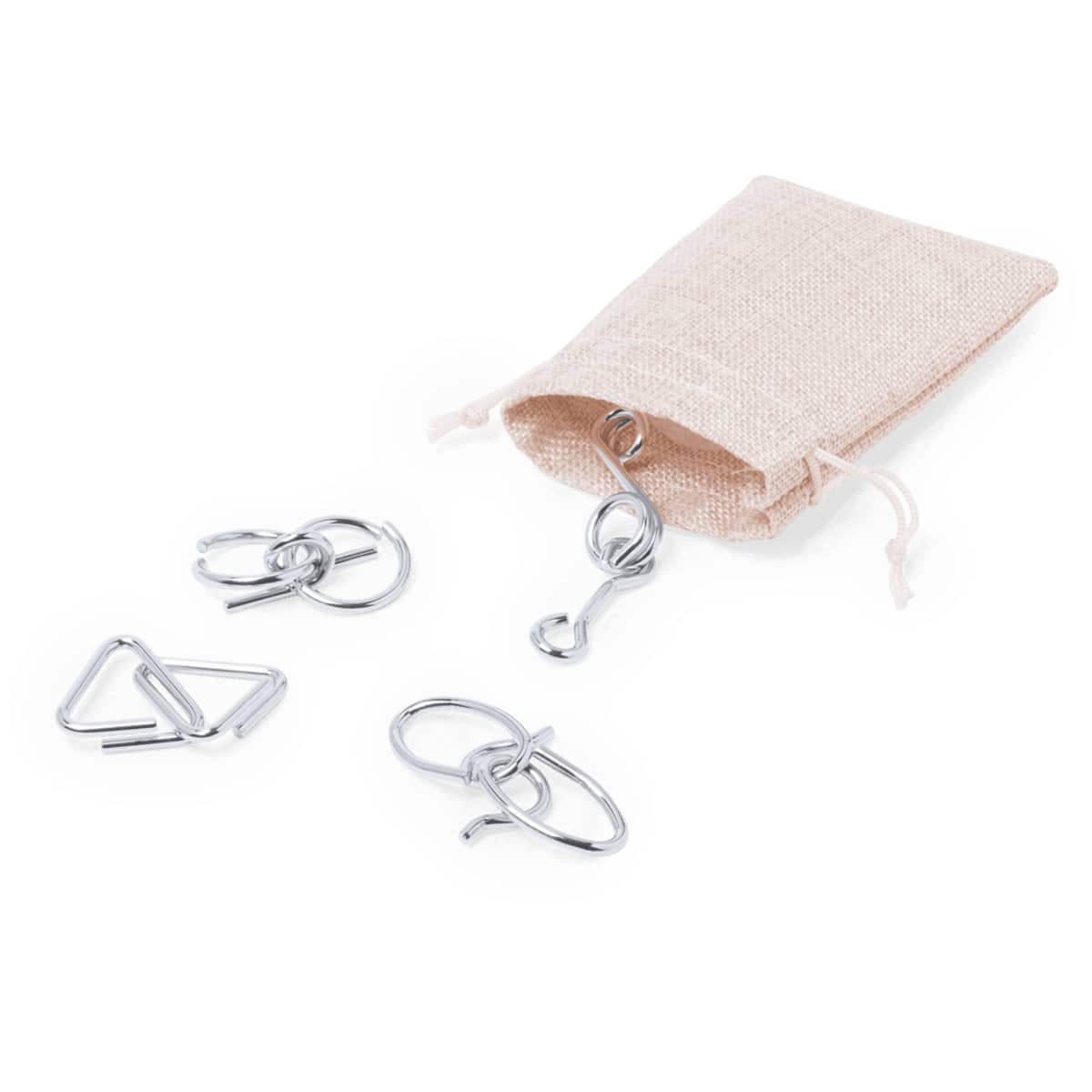 A natural fabric pouch containing four metal skill game pieces in silver colour.
