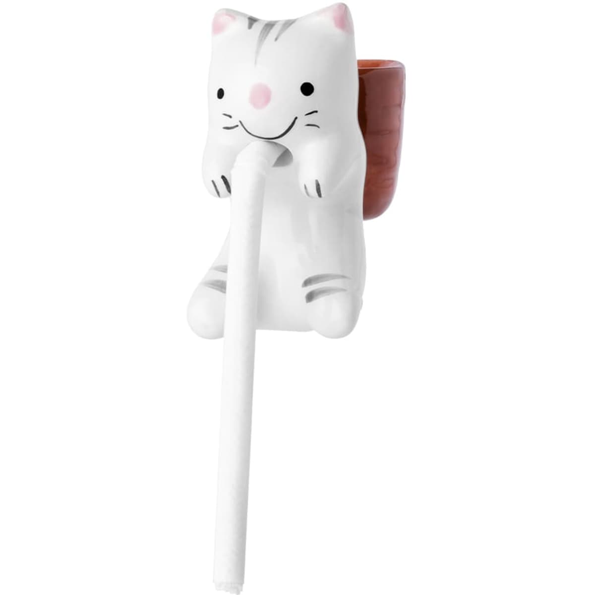 A playful white cat-shaped drink bottle with a brown section, featuring a cute design and a drinking straw.