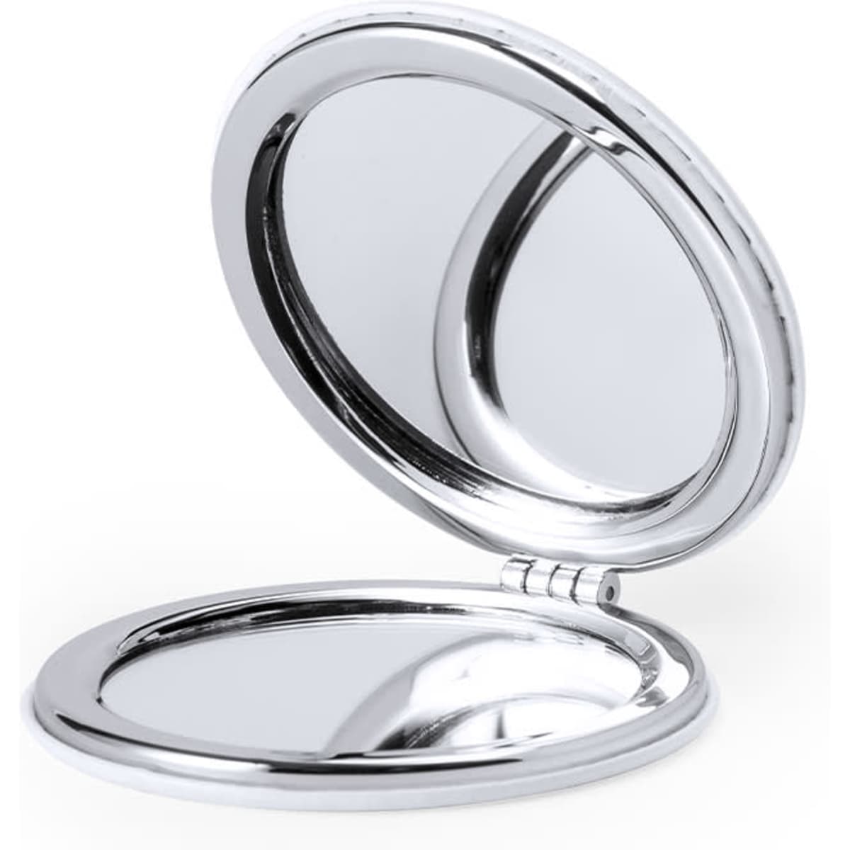 A silver compact mirror with a polished finish, featuring two reflective surfaces within a hinged design.