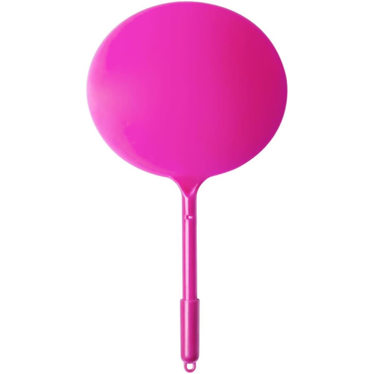 A bright pink plastic pen with a round, flat top and a long handle, featuring a logo on the pen.