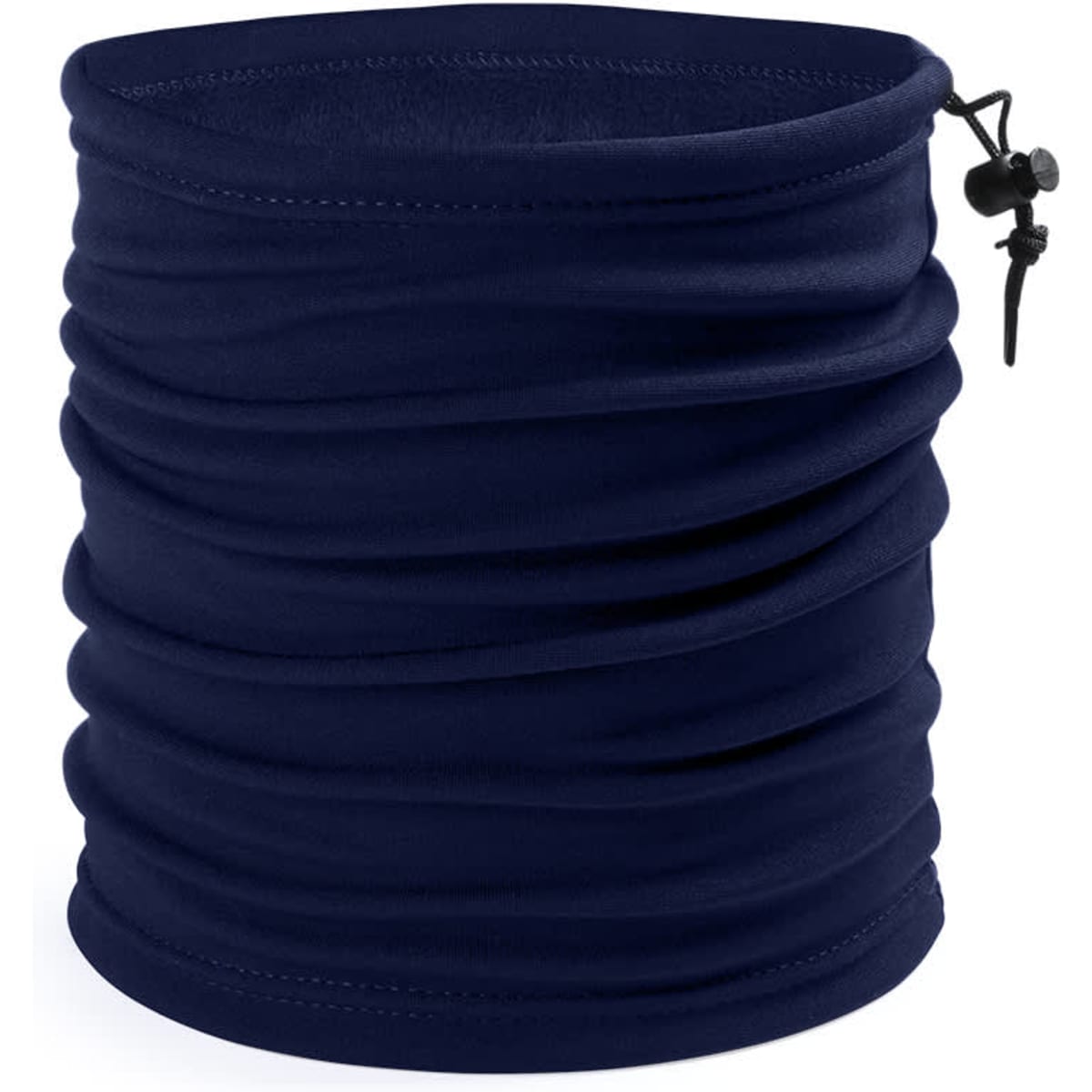 A navy blue beanie with a gathered design and an adjustable drawstring. It features a subtle logo.