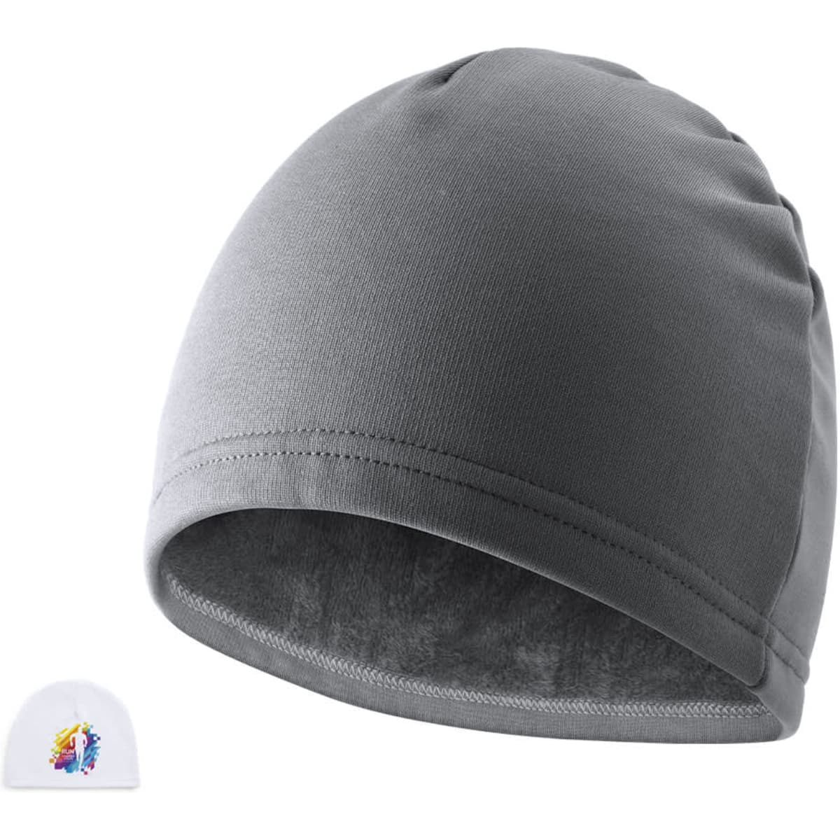 A grey beanie made from soft fabric, featuring a logo on one side.