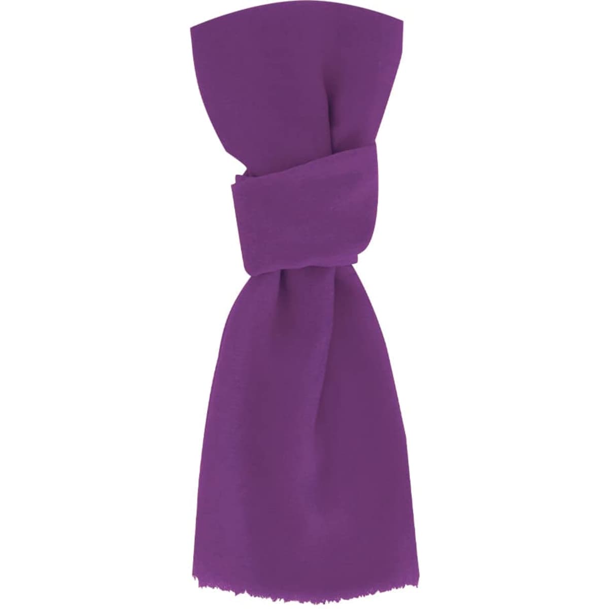 A purple scarf with a tied knot in the centre, featuring a soft texture and fringed edges.