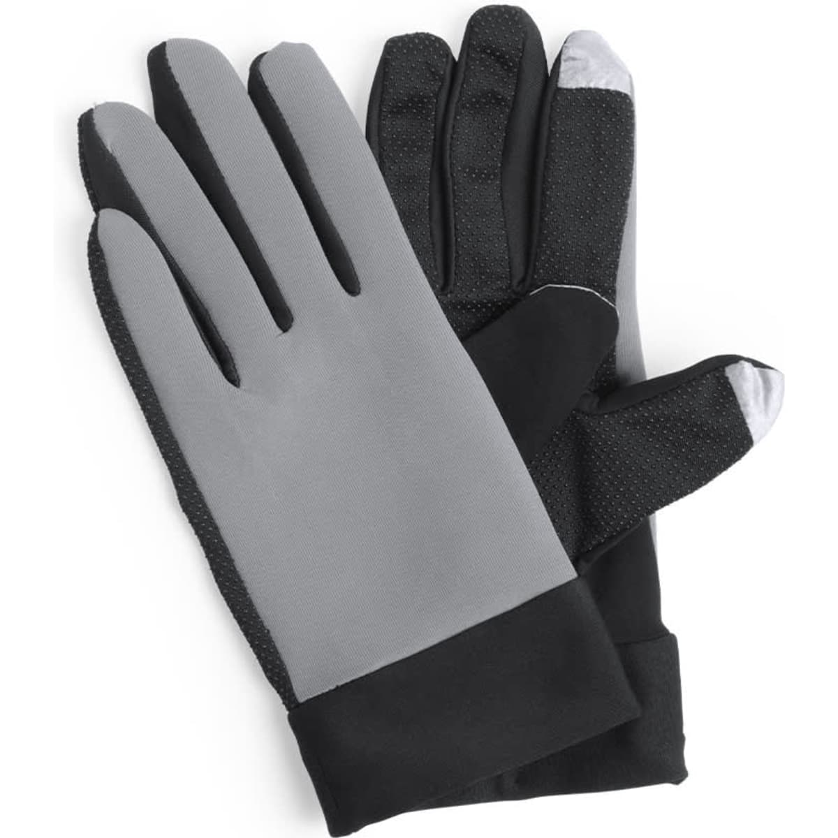 A pair of grey and black touchscreen sport gloves featuring a textured grip and a branding logo.