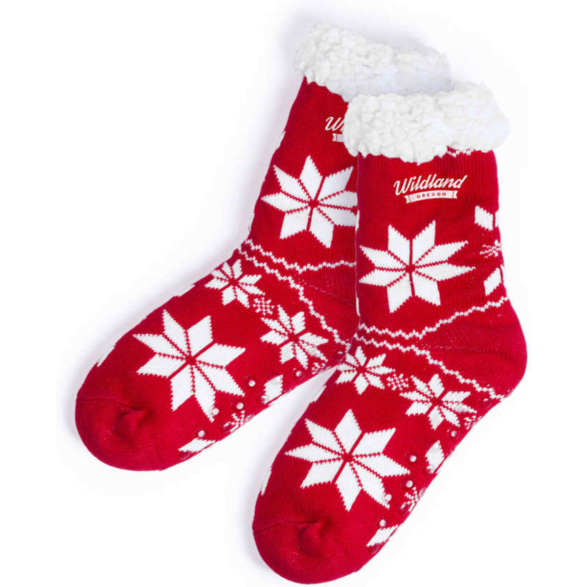 Red socks with a fluffy white cuff and snowflake patterns, featuring a logo on the side.