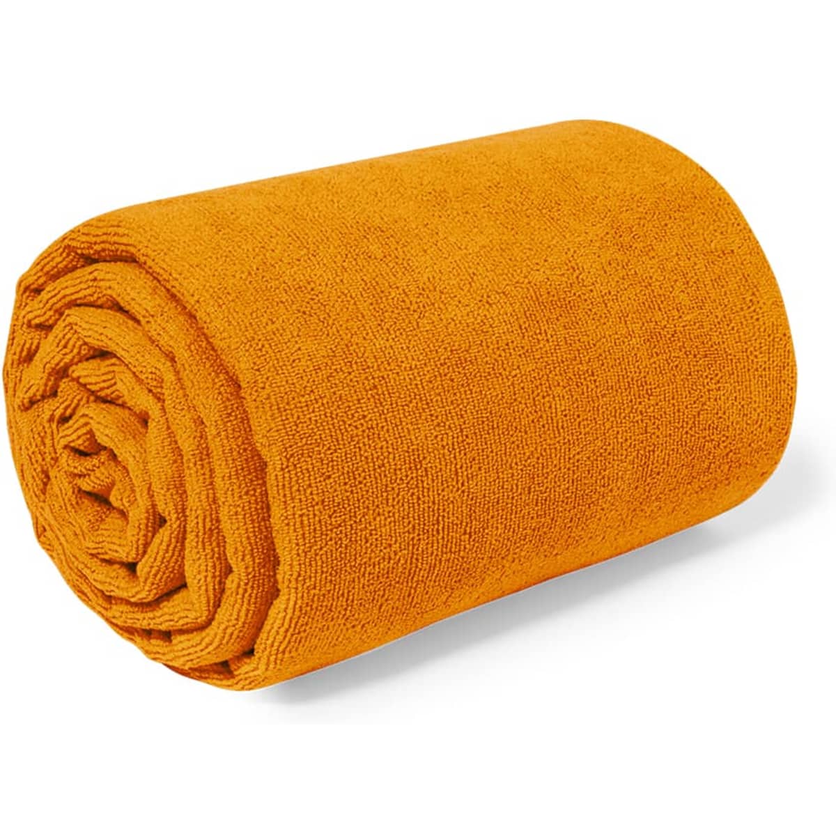 An orange rolled towel with a textured surface, featuring a logo on the side.