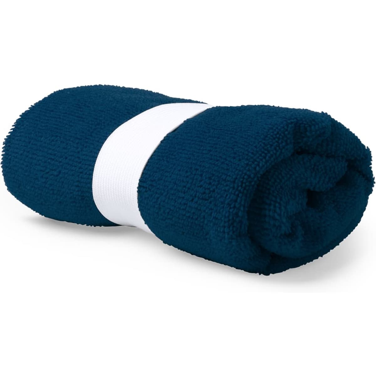 A rolled navy cooling towel with a white band around it, featuring a logo.