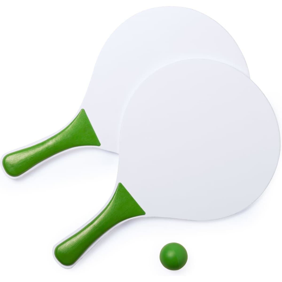 Two green-handled beach rackets with white surfaces and a small green ball. The set has a logo on one of the rackets.