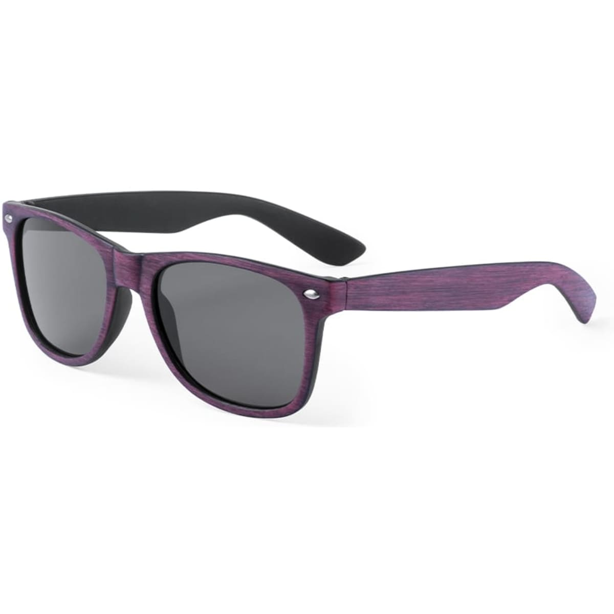 Purple-hued sunglasses with a sleek design and grey lenses, featuring a logo on the frame.