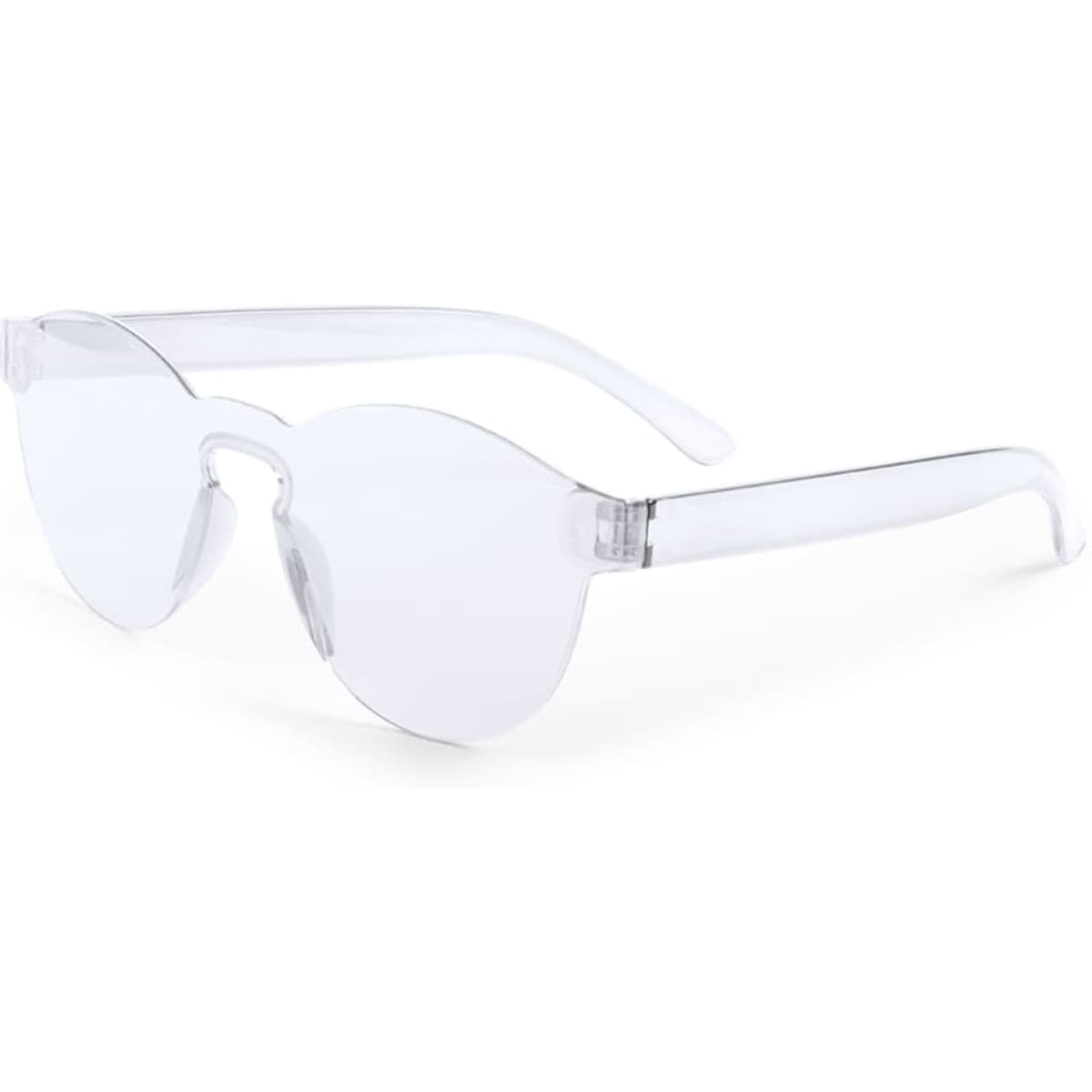 A pair of clear sunglasses with a unique shape and transparent frames, featuring a logo on the side.
