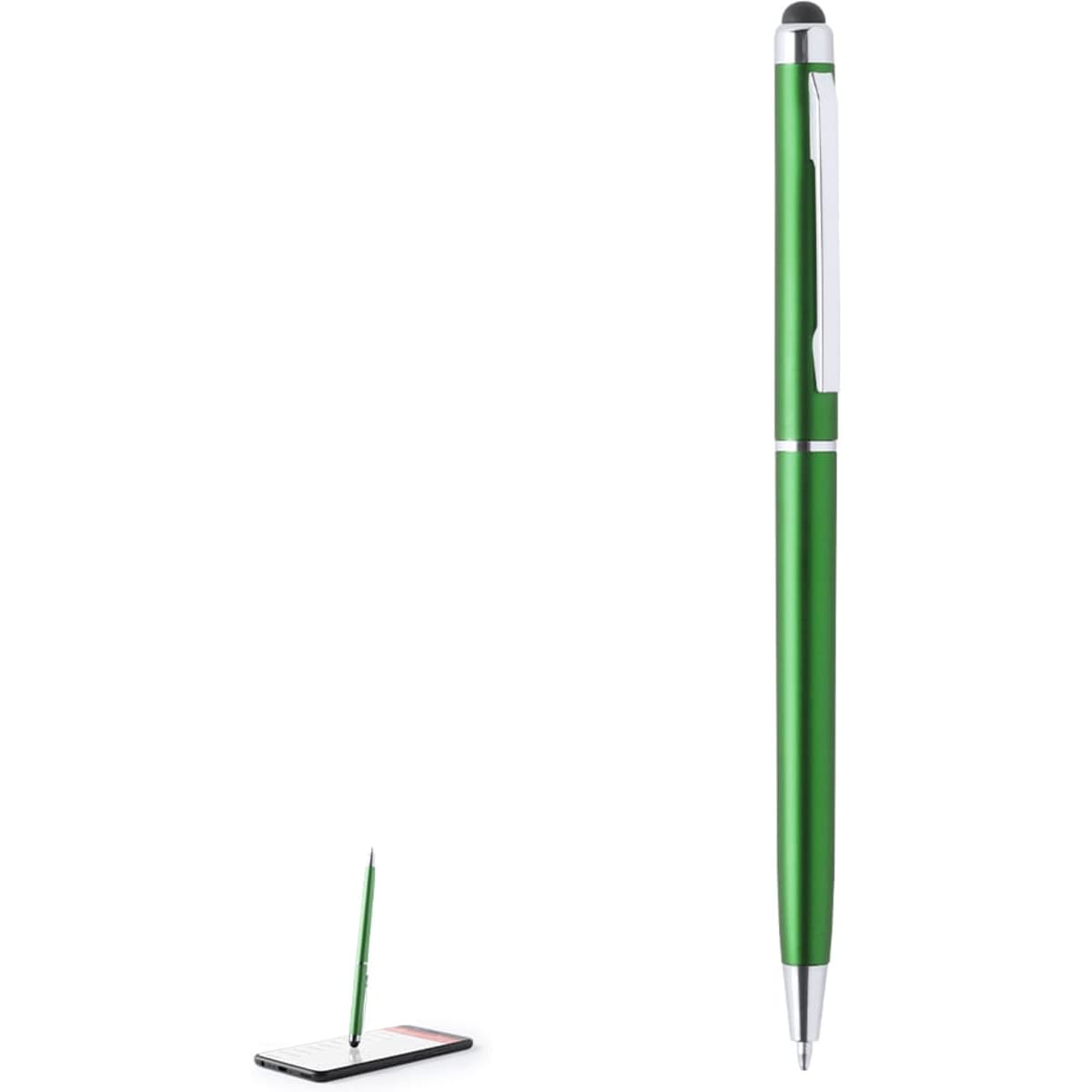 A green Alfil ballpoint pen with a stylus tip, featuring a metallic finish and a clip, displayed beside a tablet.