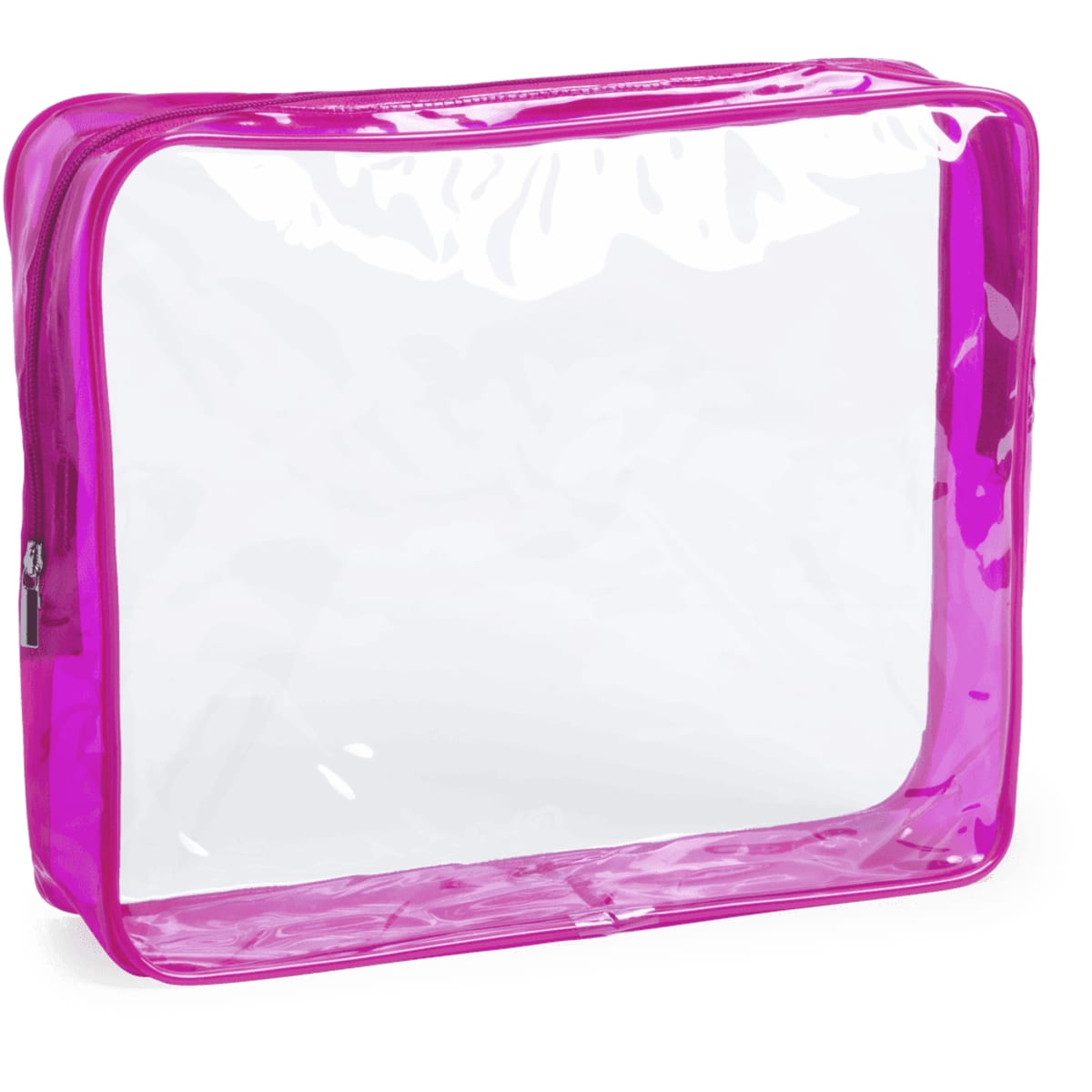A clear toiletry bag with a pink border, featuring a zip closure and a transparent front. It has a logo.
