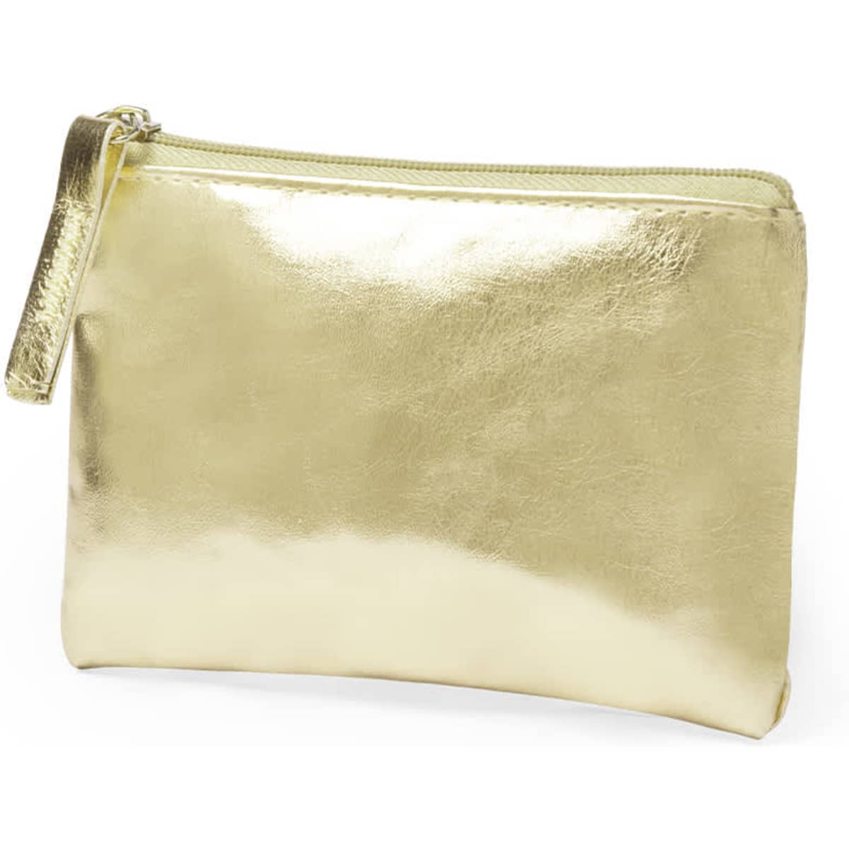 A gold metallic wallet with a zip closure and wrist strap, featuring a shiny surface and a simple, sleek design.
