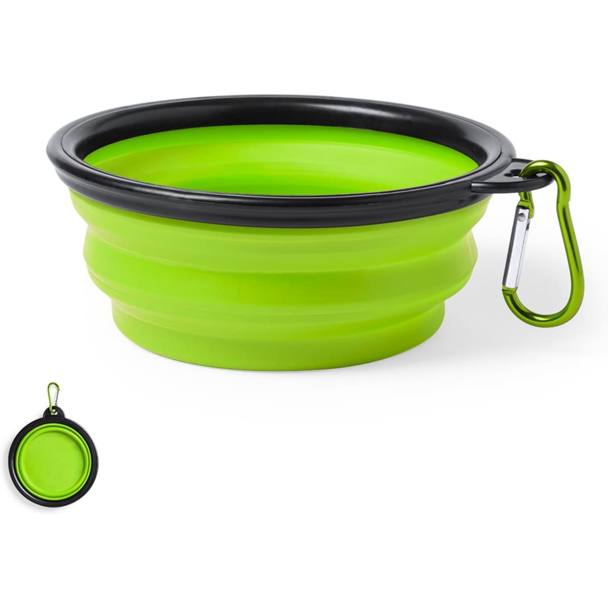 A green collapsible pet bowl with a black rim and a carabiner clip for easy attachment.