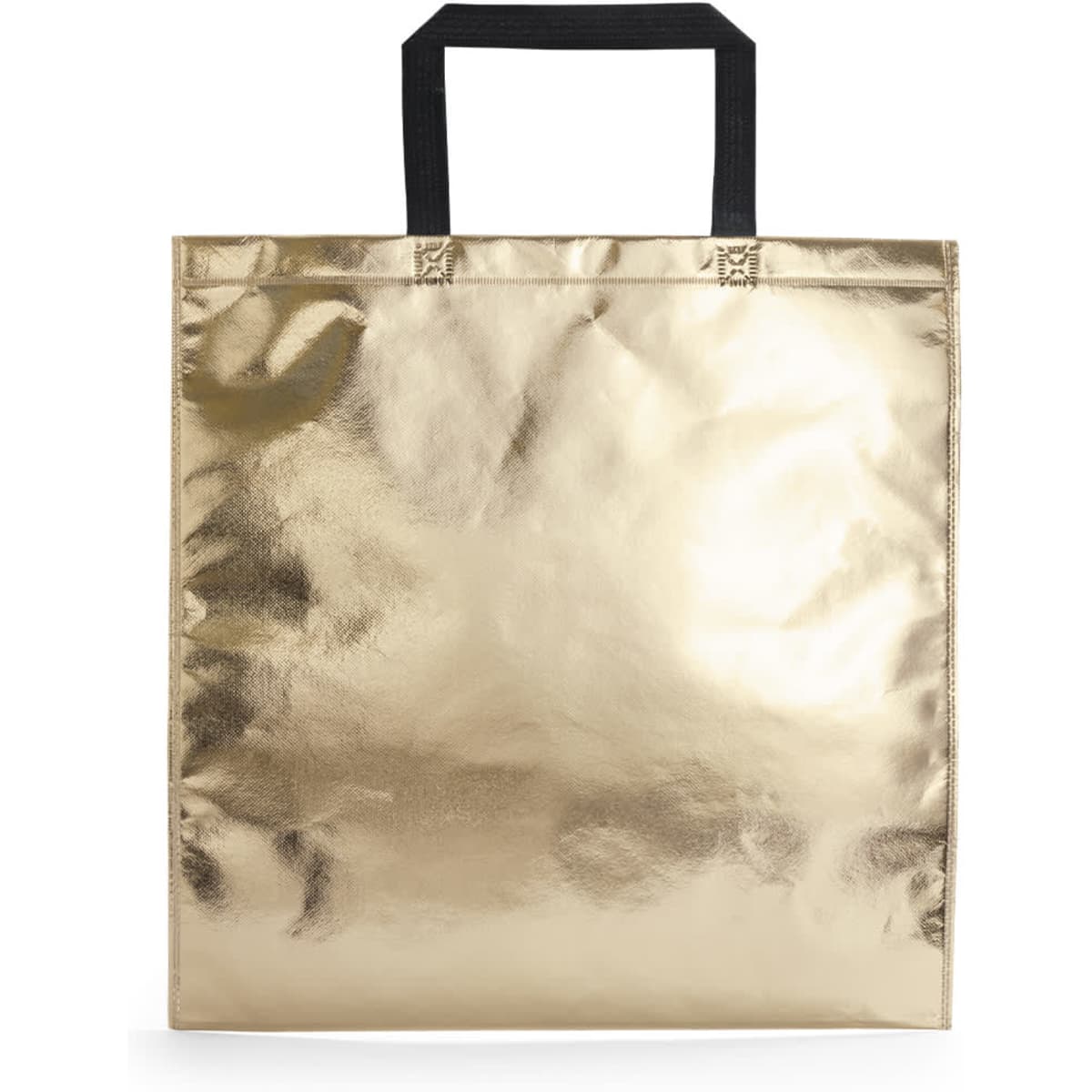 A shiny gold tote bag with black handles, featuring a smooth reflective surface and no visible logos.