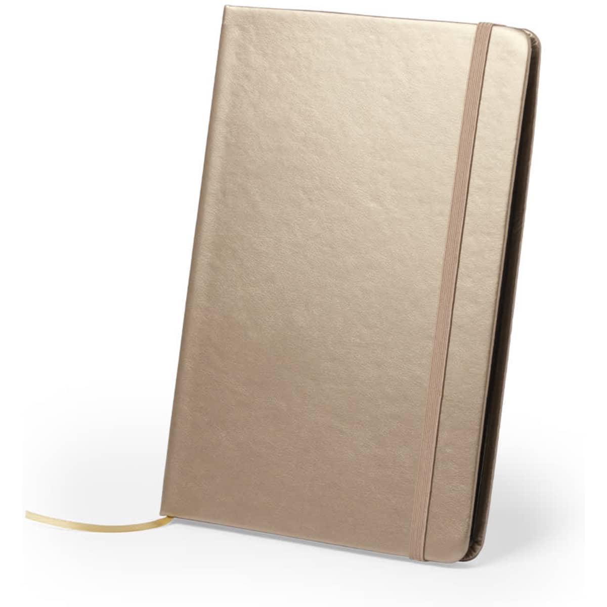 A gold notebook with a smooth finish and a matching elastic band closure. It has a ribbon bookmark inside.