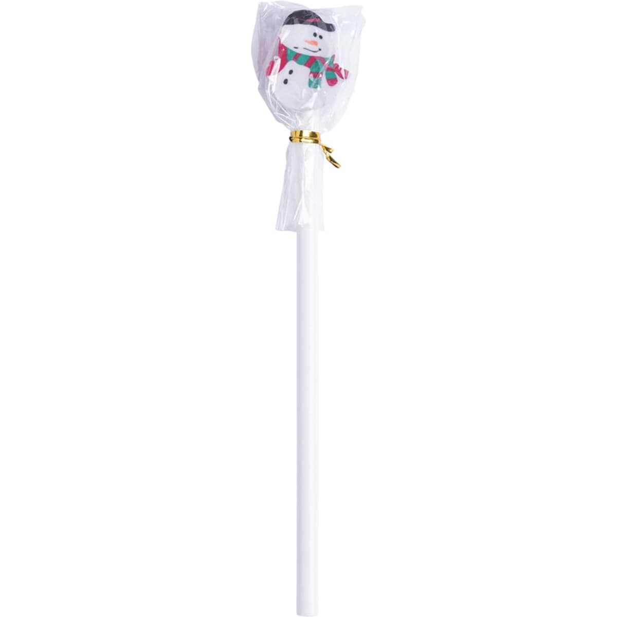 A white pencil topped with a decorative snowman figurine, wrapped in clear plastic with a gold tie.