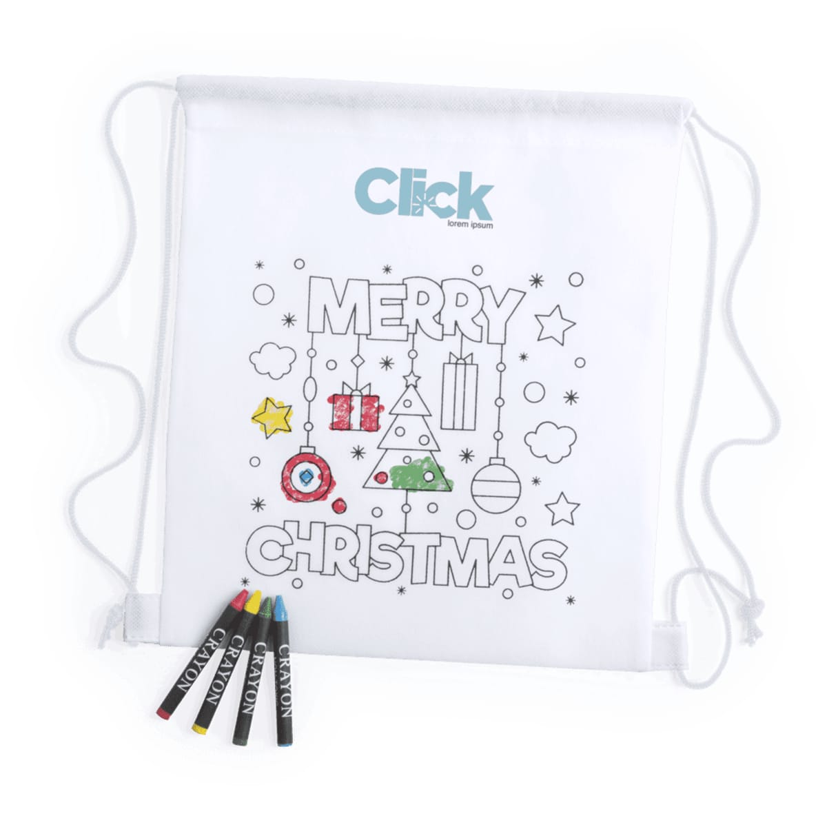 A white drawstring bag featuring a festive colouring design with coloured markers beside it.