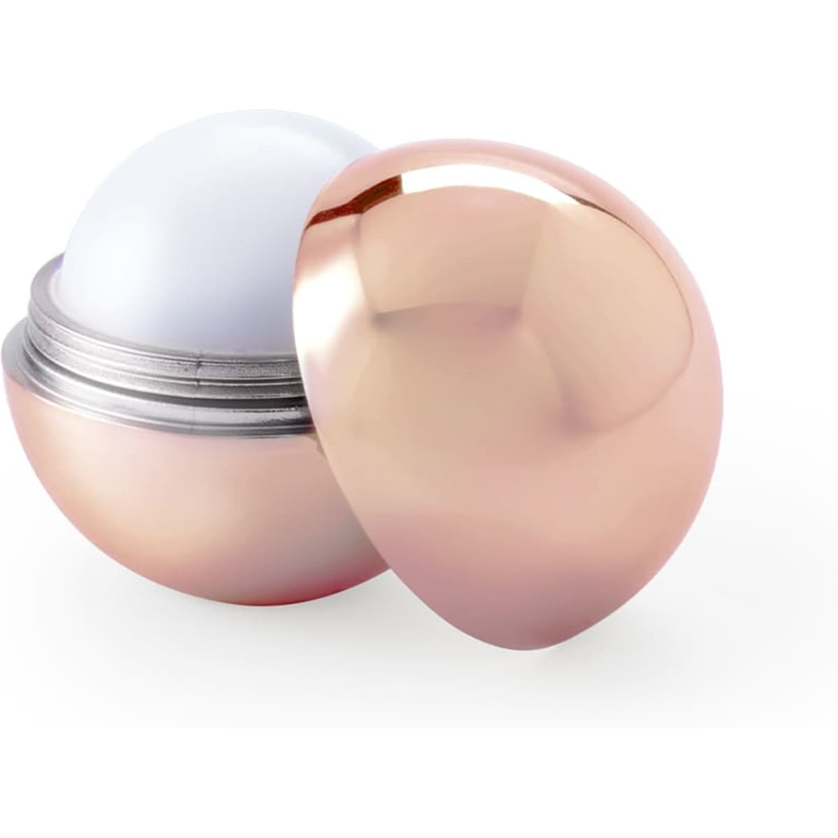 A rose gold lip balm container with a metallic finish, featuring a rounded lid and a white balm inside.