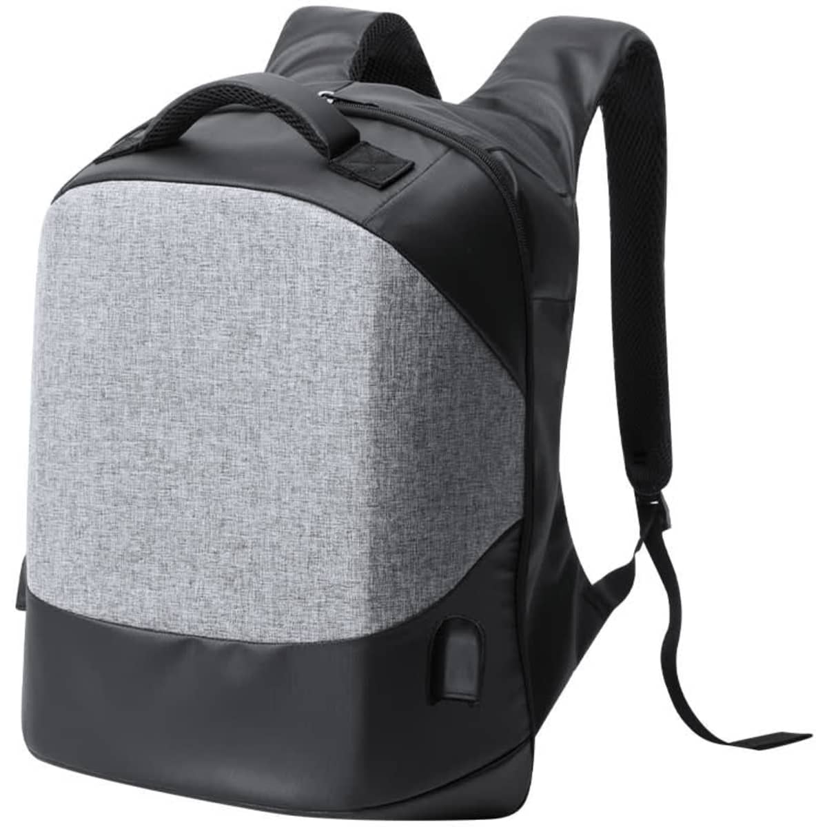 A black and grey anti-theft backpack with padded straps and a sleek design, featuring a logo on the front.