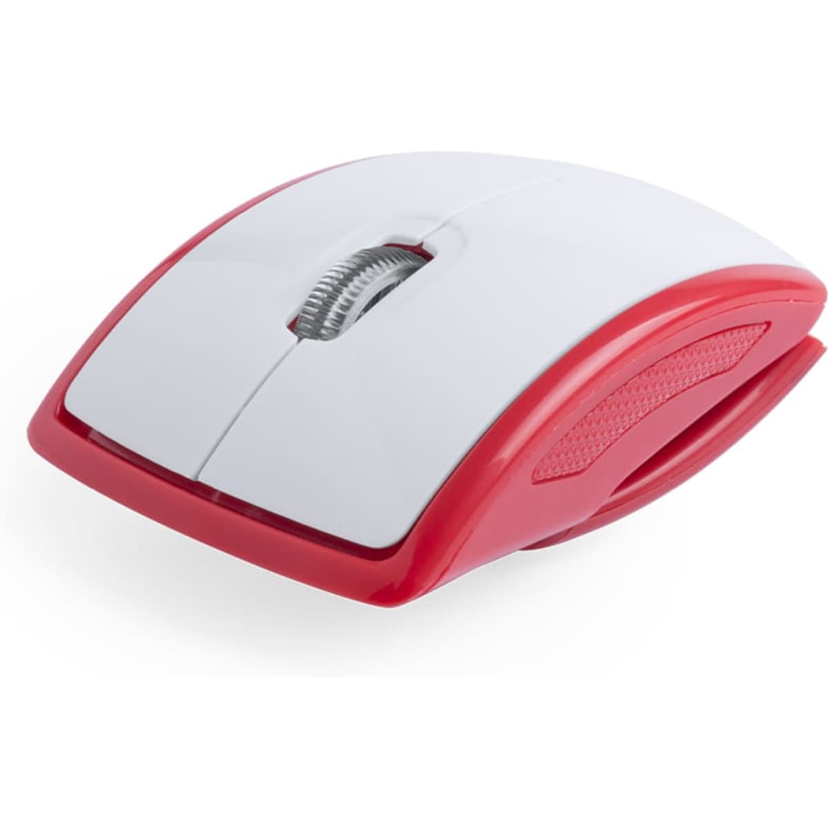 A computer mouse in red and white, featuring a smooth finish and an ergonomic design, with a scroll wheel.