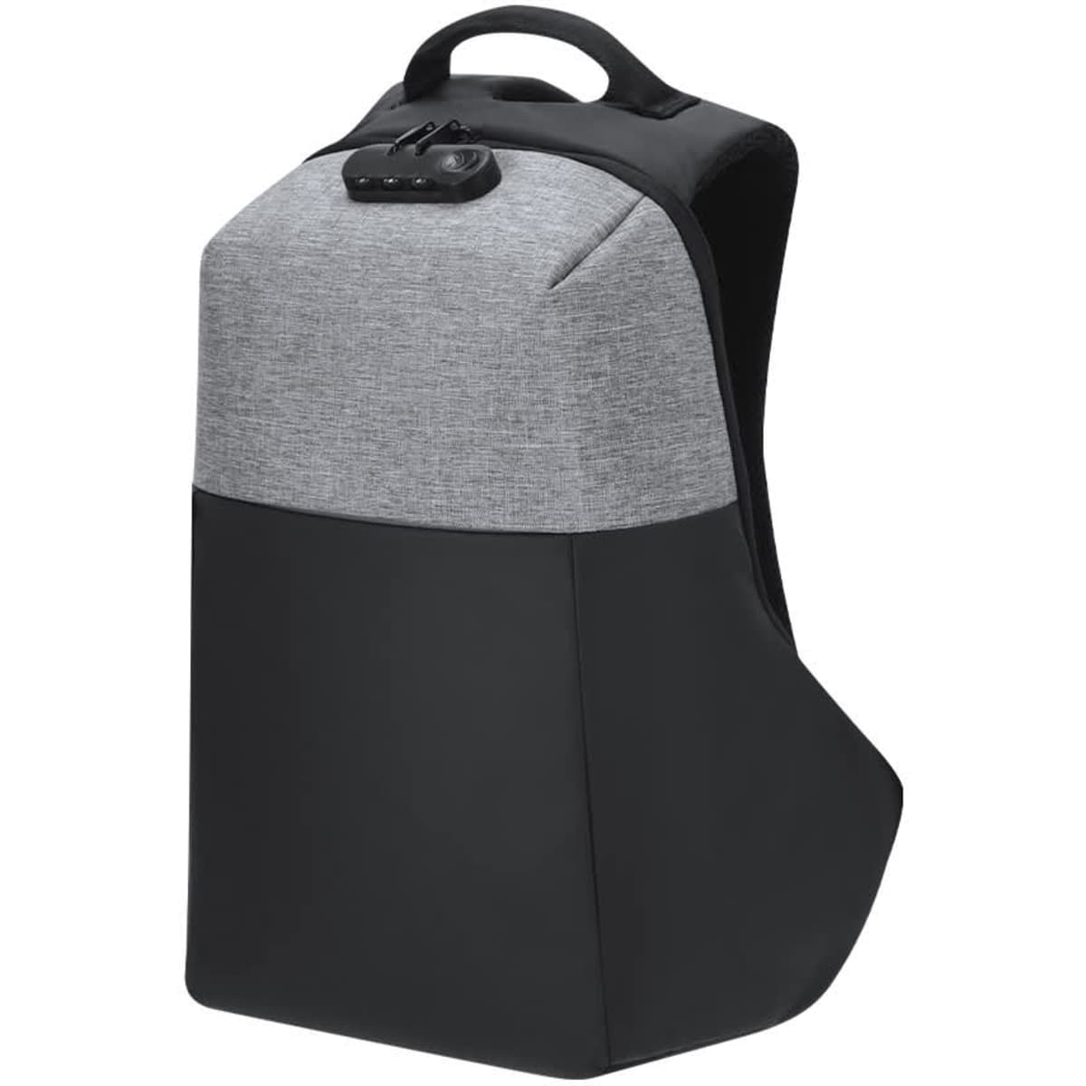 A grey and black backpack with a sleek design and a top handle, featuring a logo on the front.