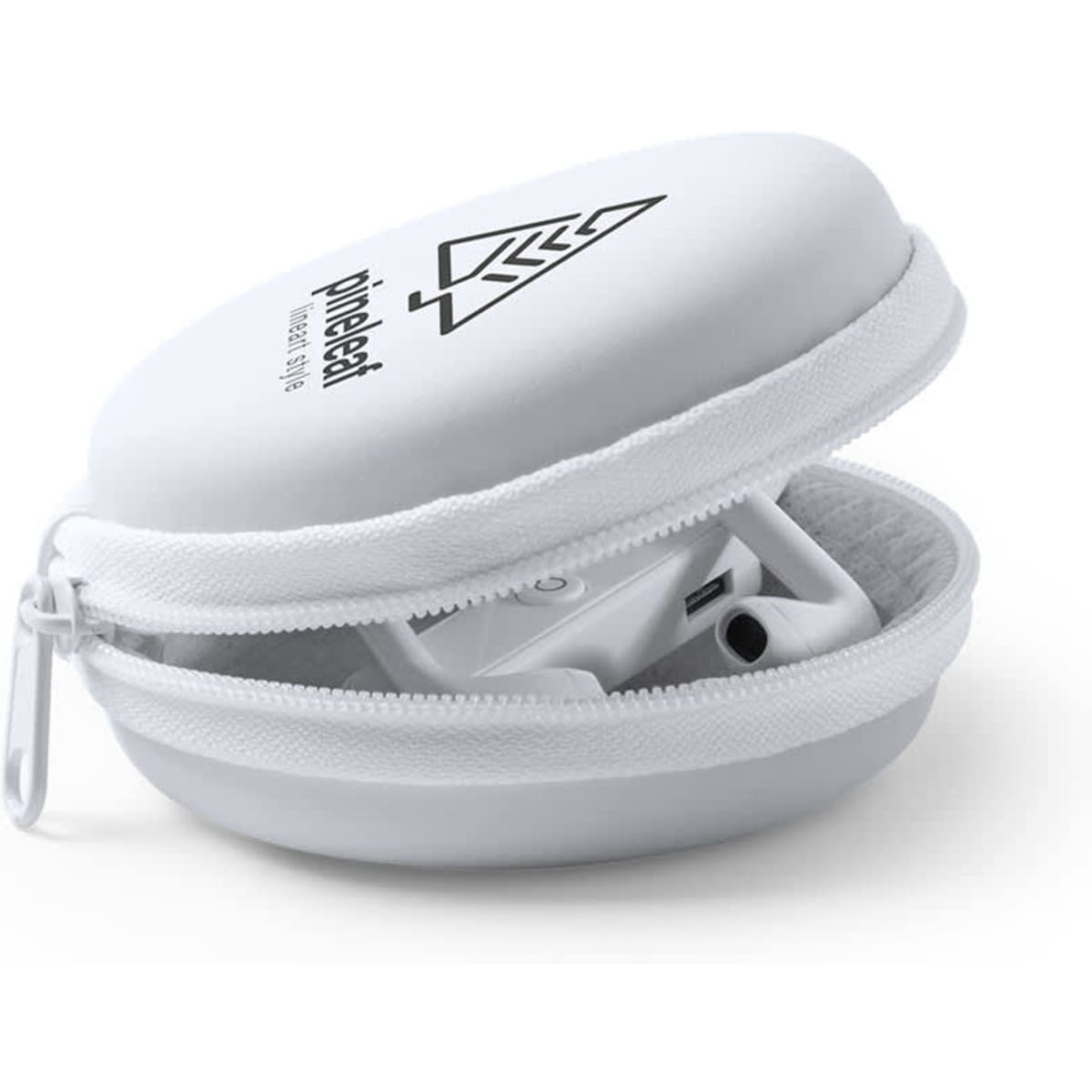 A white round case containing earphones, with a logo visible on the exterior.