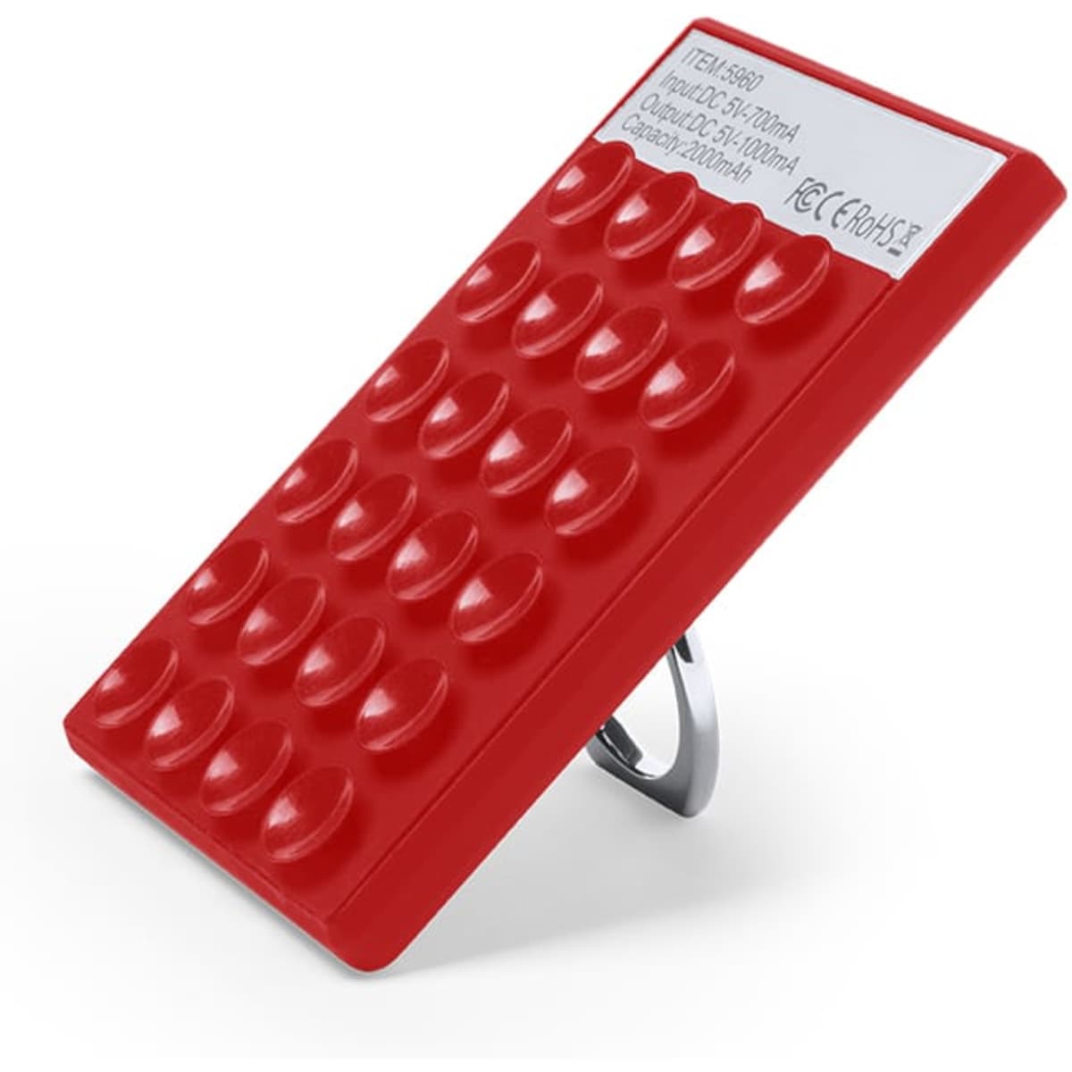 A red Privek Power Bank with a textured surface and a metallic stand on the back, featuring a logo.