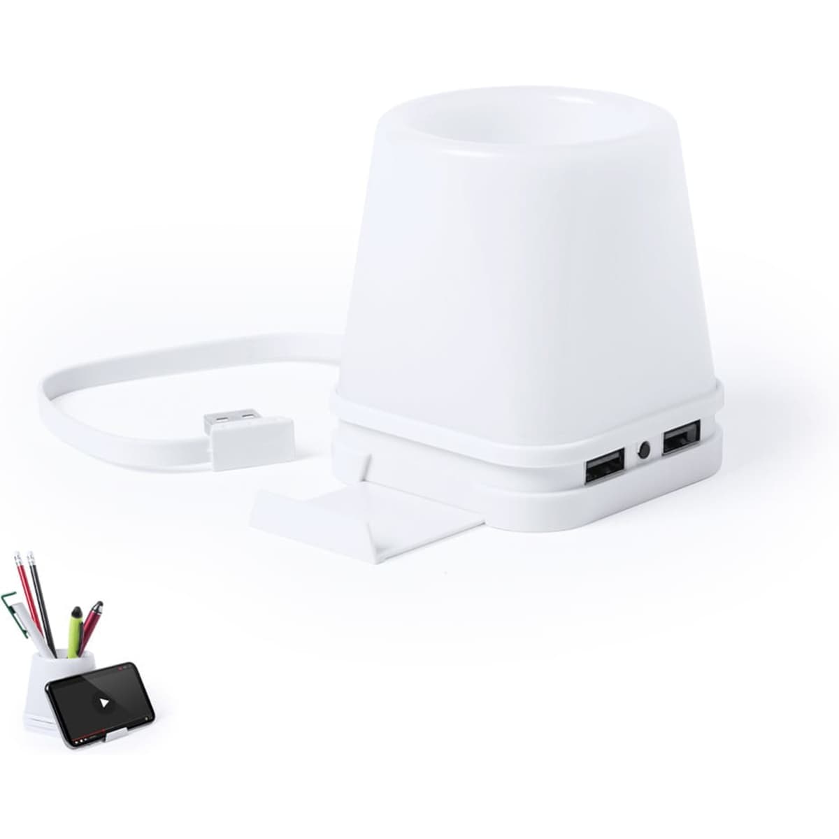 A white USB hub shaped like a cup with multiple USB ports and a charging cable. It includes a branding logo.