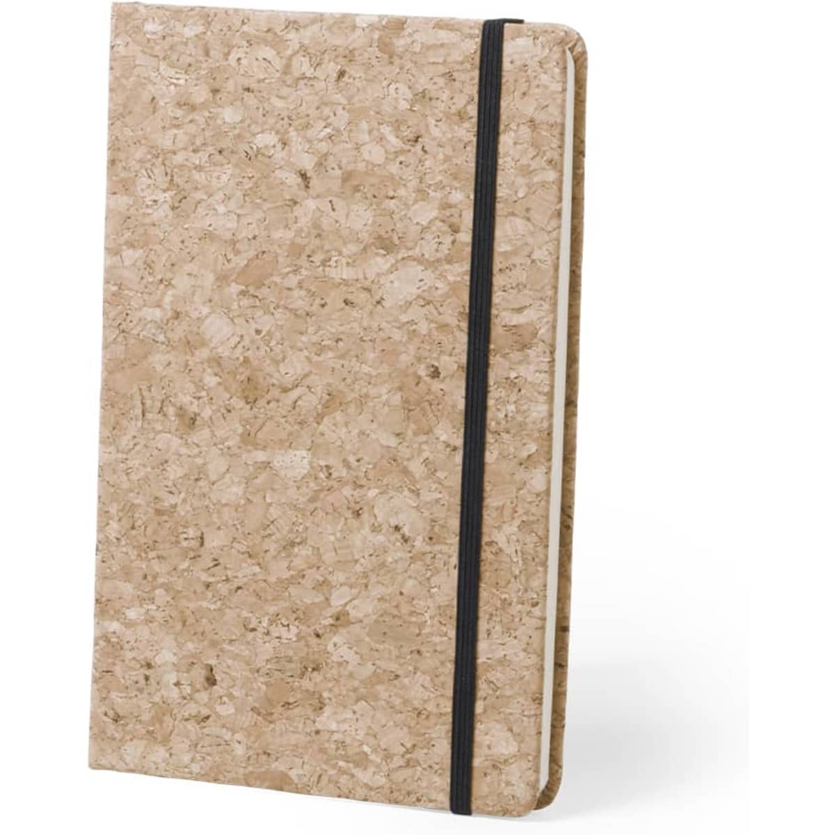 A cork-covered notebook with a black elastic band, featuring a textured surface and a minimalist design.