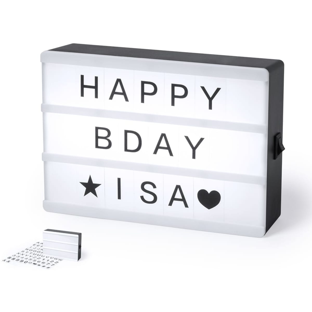 A lightbox featuring a black and white design, displaying the text "HAPPY BDAY ISA" with decorative symbols, and extra letters for customisation.