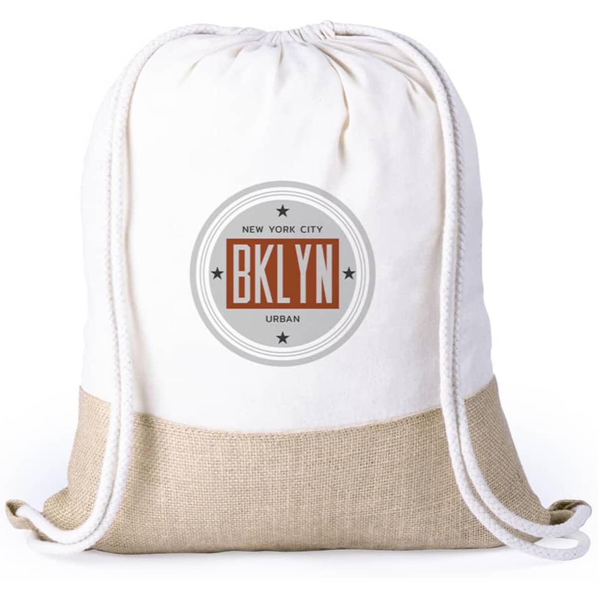 A drawstring bag in cream and beige, featuring a circular logo on the front.