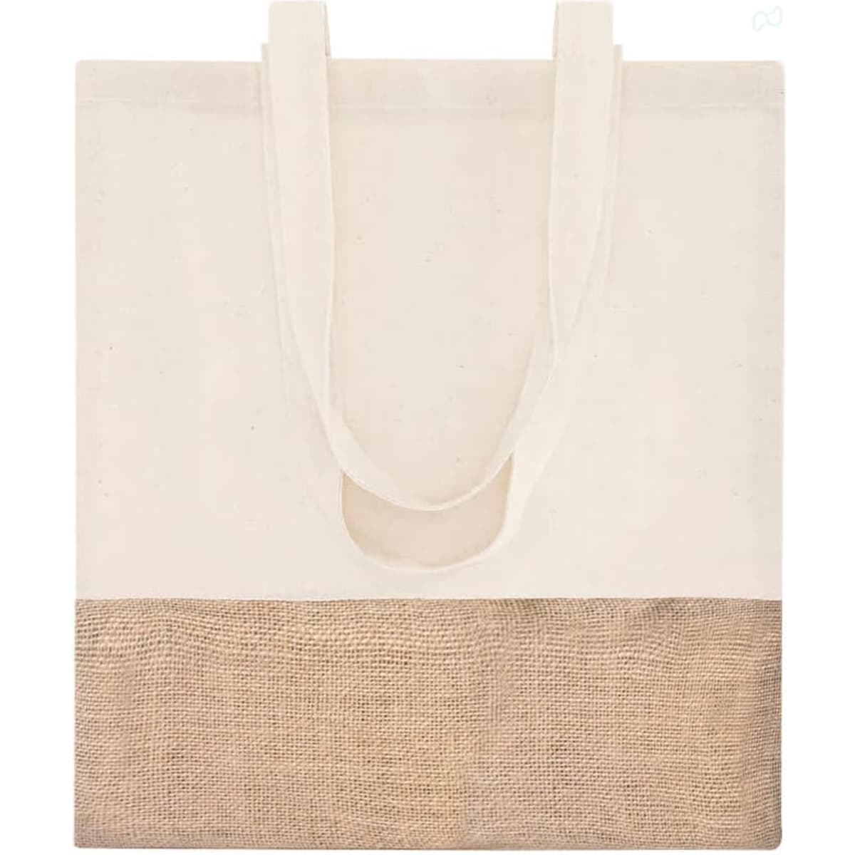A cream tote bag with a natural jute bottom, featuring long handles and a simple design.