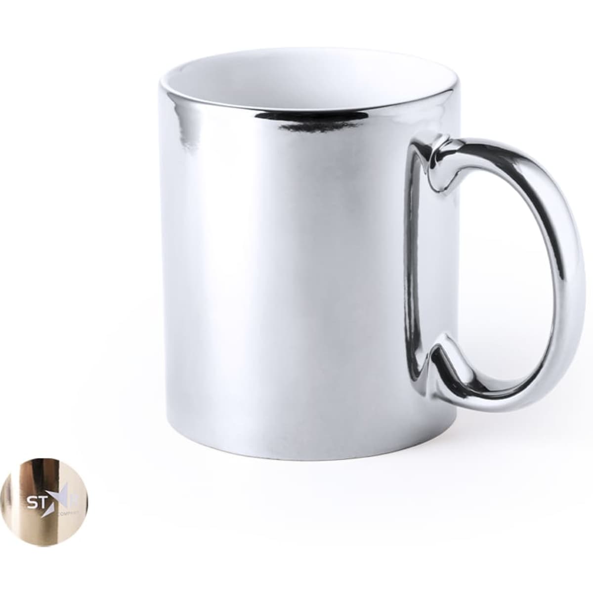 A metallic silver coffee mug with a smooth finish and a rounded handle, featuring a logo on the side.