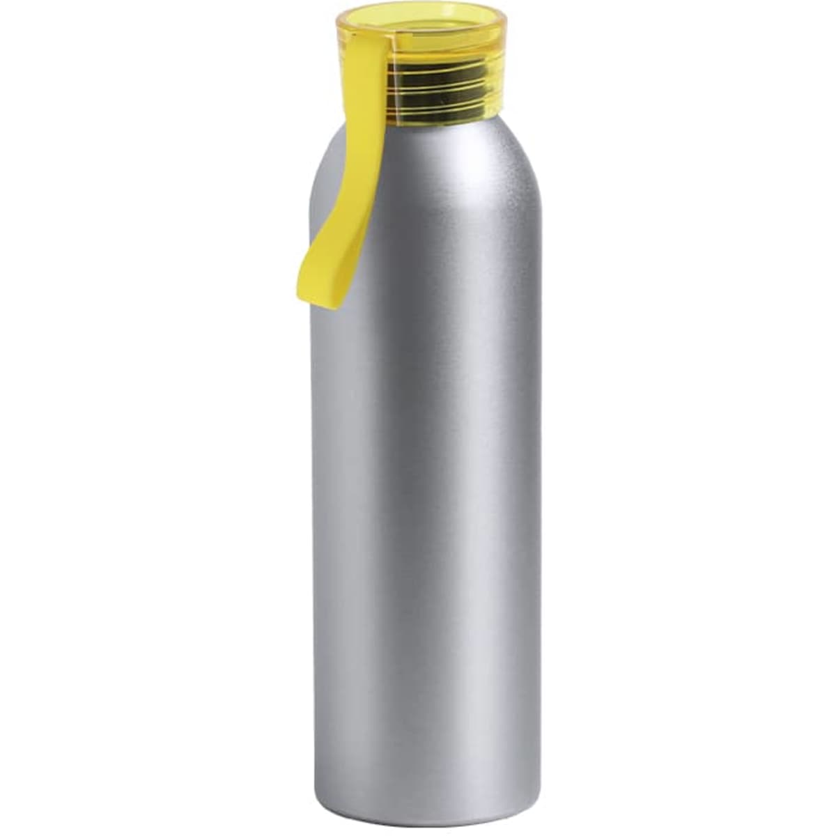 A drink bottle in silver with a bright yellow cap and a matching handle, featuring a logo.