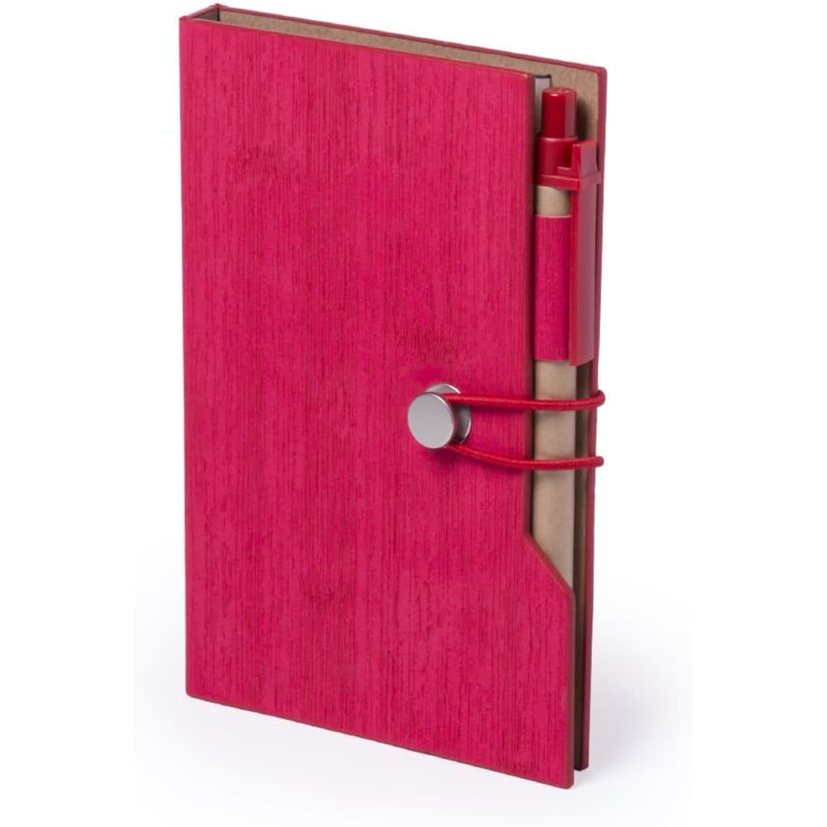 A pink Rasmor Sticky Notepad with an attached pen, featuring a simple closure mechanism.