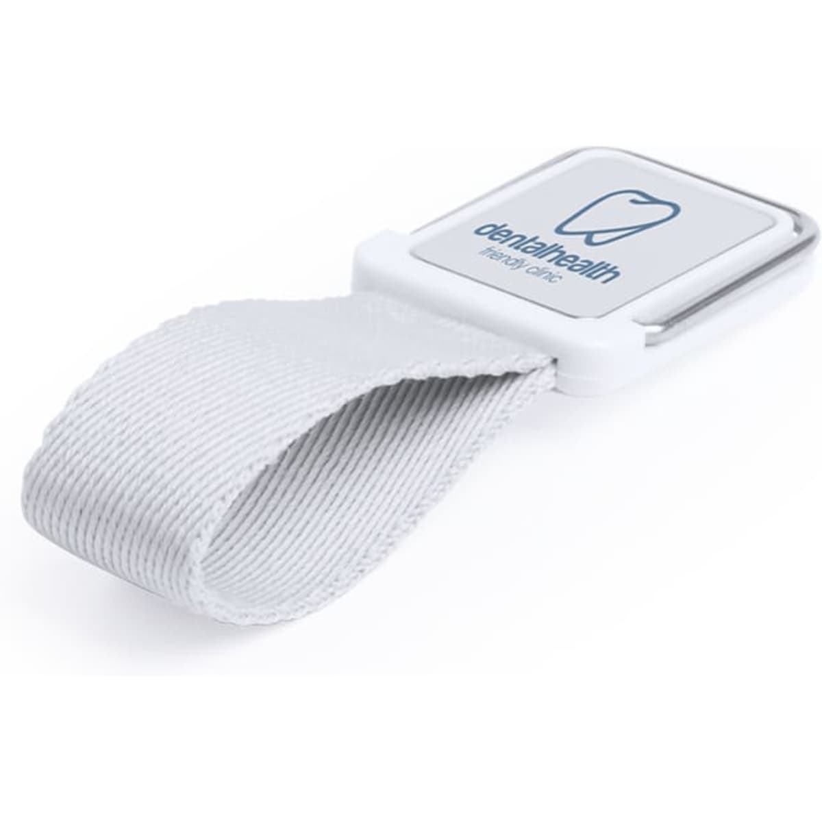 A white dental health clip with a fabric strap and a logo on the front.