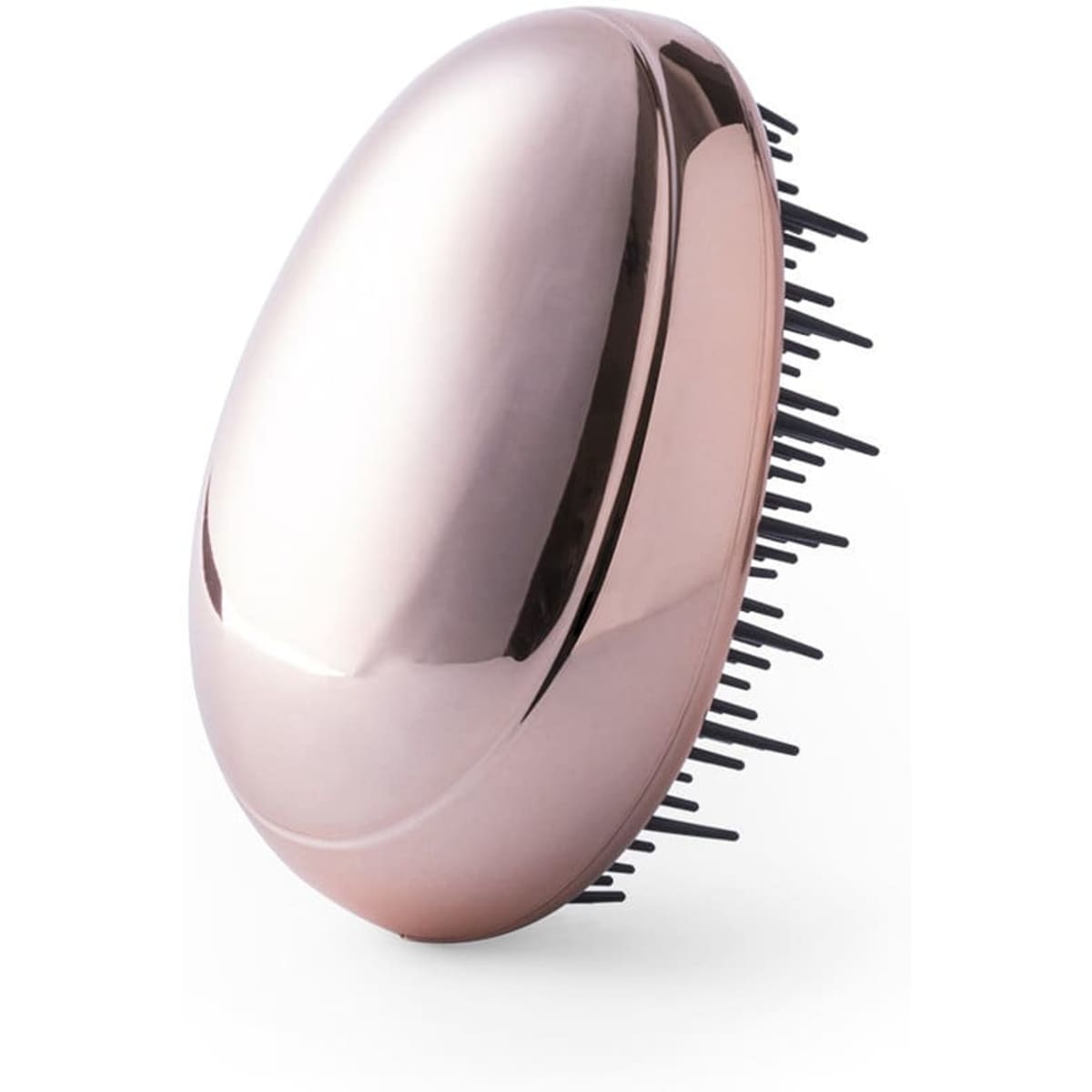 A hairbrush in a sleek rose gold colour with black bristles, featuring a curved ergonomic design and a branding logo.