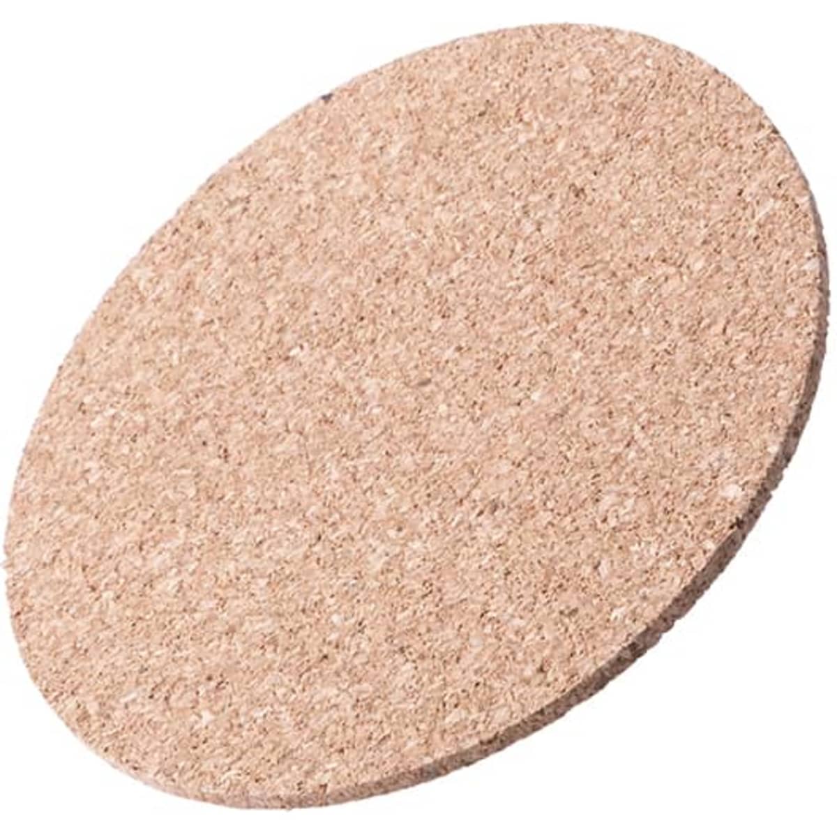 A round cork coaster in a natural beige colour, featuring a subtle textured surface and a branding logo.
