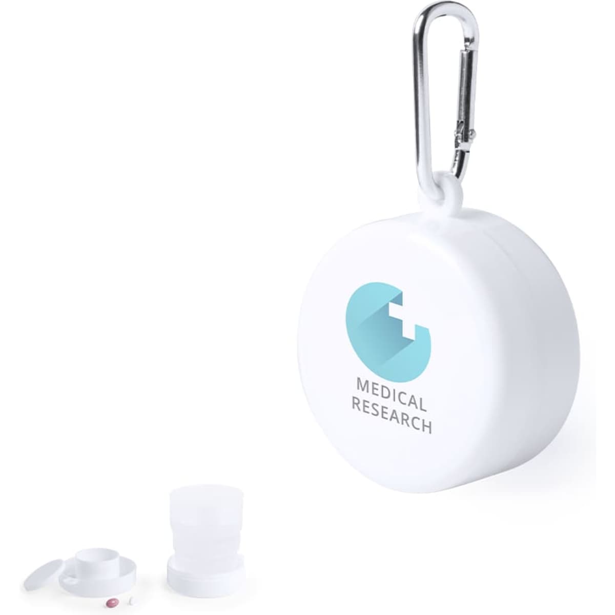 A drink bottle in white, featuring a carabiner clip and a logo, includes two separate compartments.