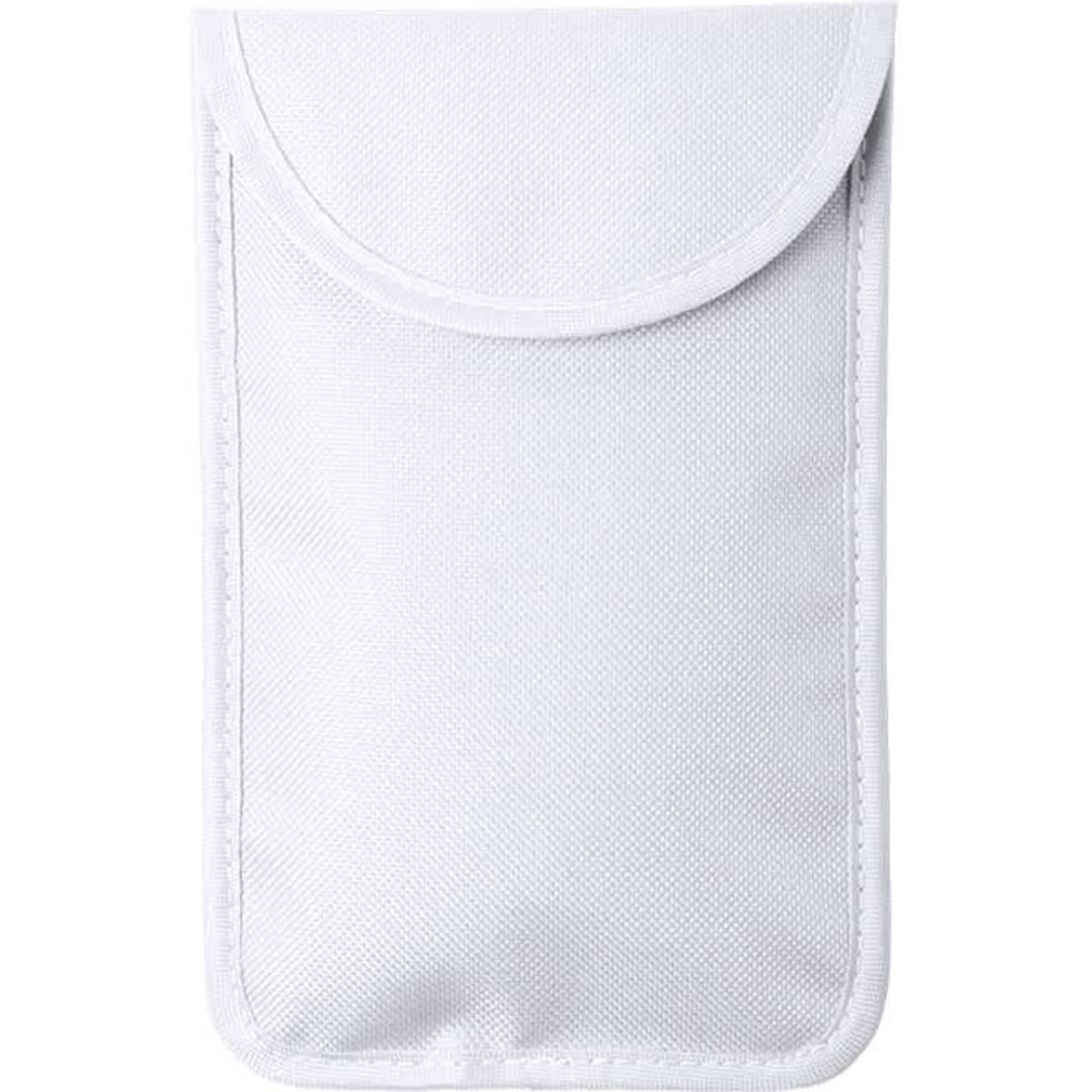 A white pouch with a curved flap closure, designed as a protective phone wallet. Features a branding logo.