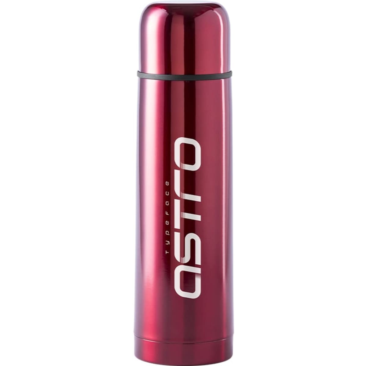 A drink bottle featuring a sleek red design, a silver band, and a logo on its body.