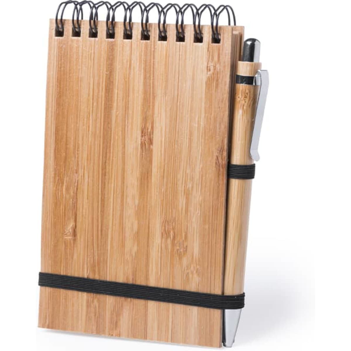 A bamboo notebook with a black elastic band and a pen attached, featuring a wire spiral binding.