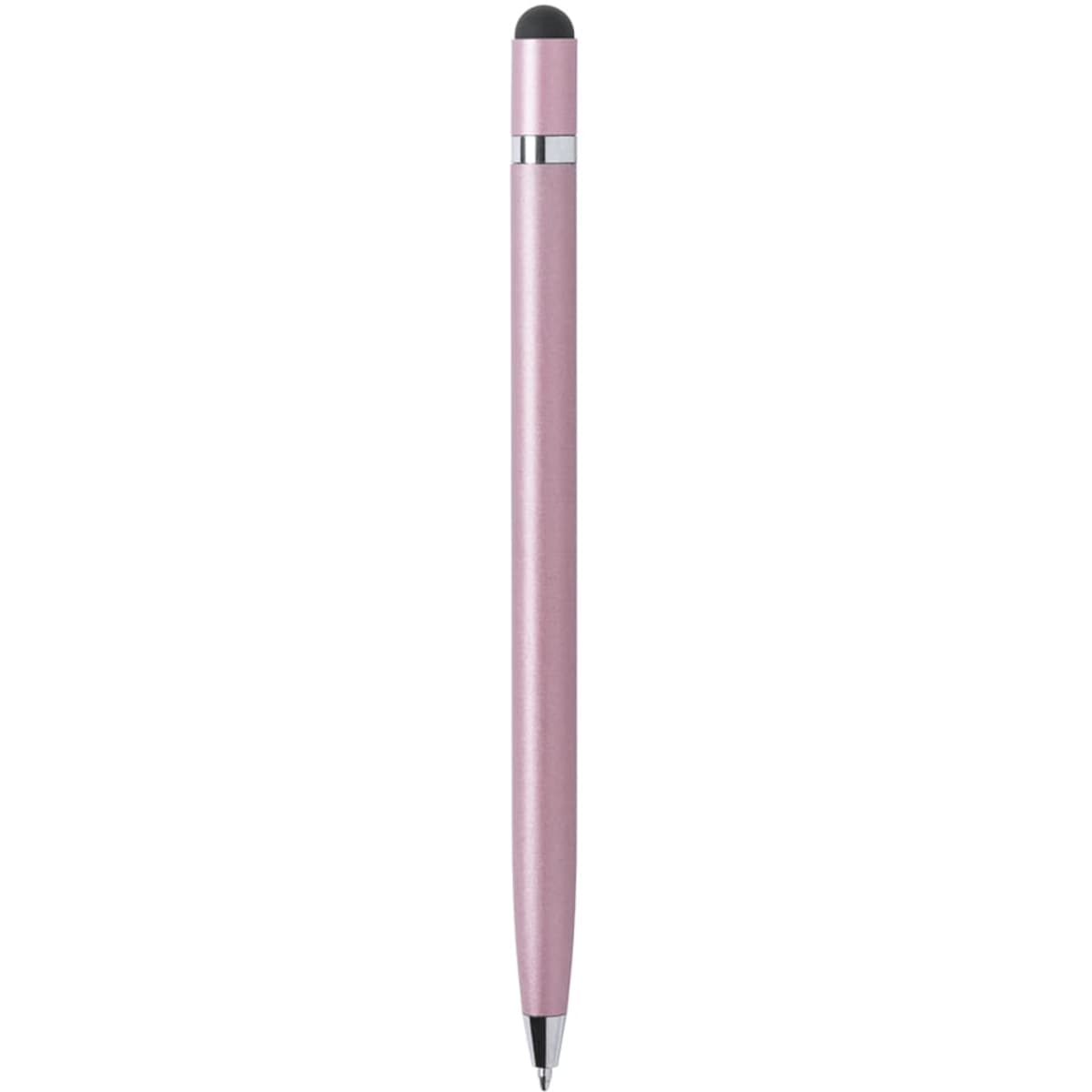 A pink ballpoint pen with a stylus tip and a silver clip, featuring branding on the body.