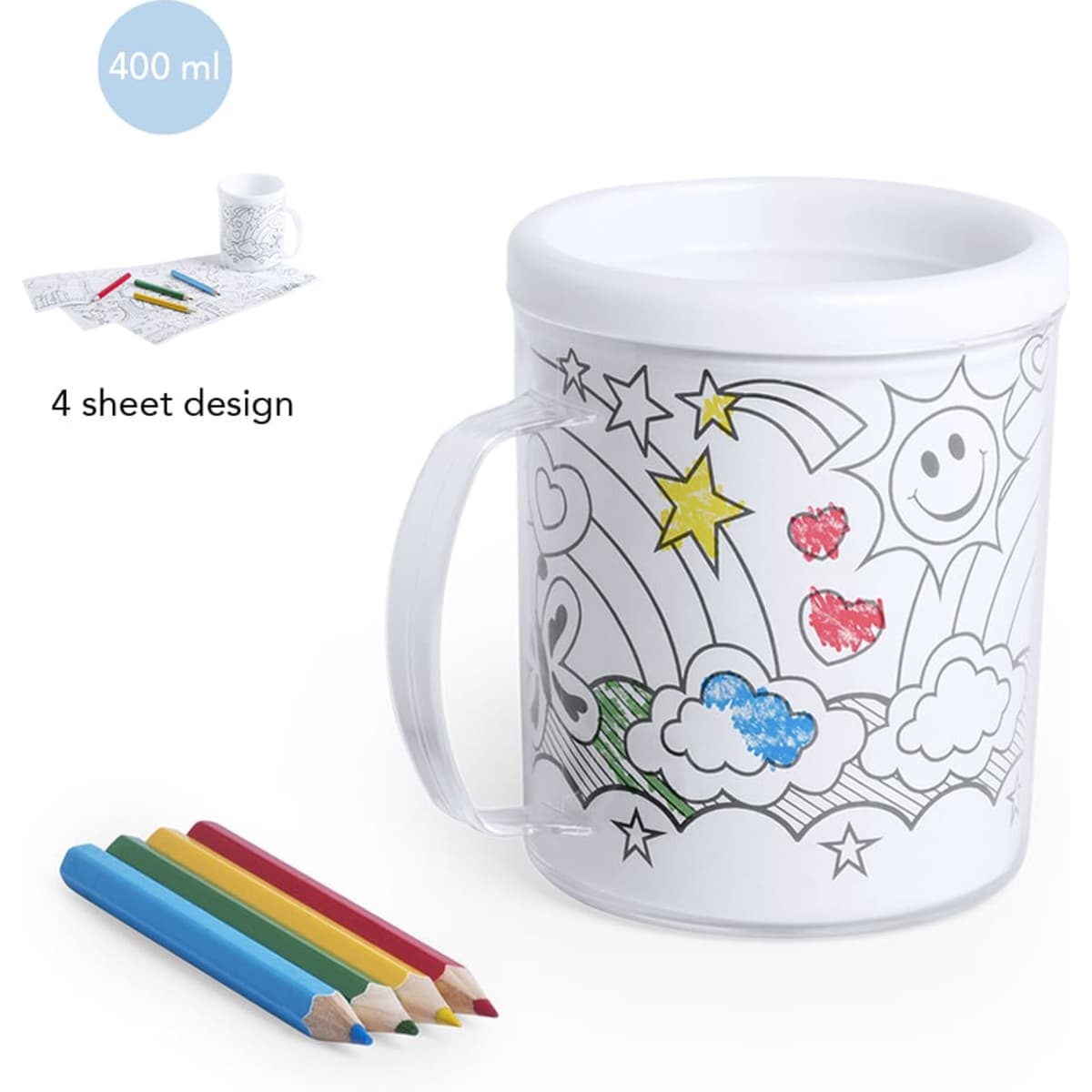 A drink mug in white featuring a colouring design with a handle, along with coloured pencils. Capacity of 400 ml.