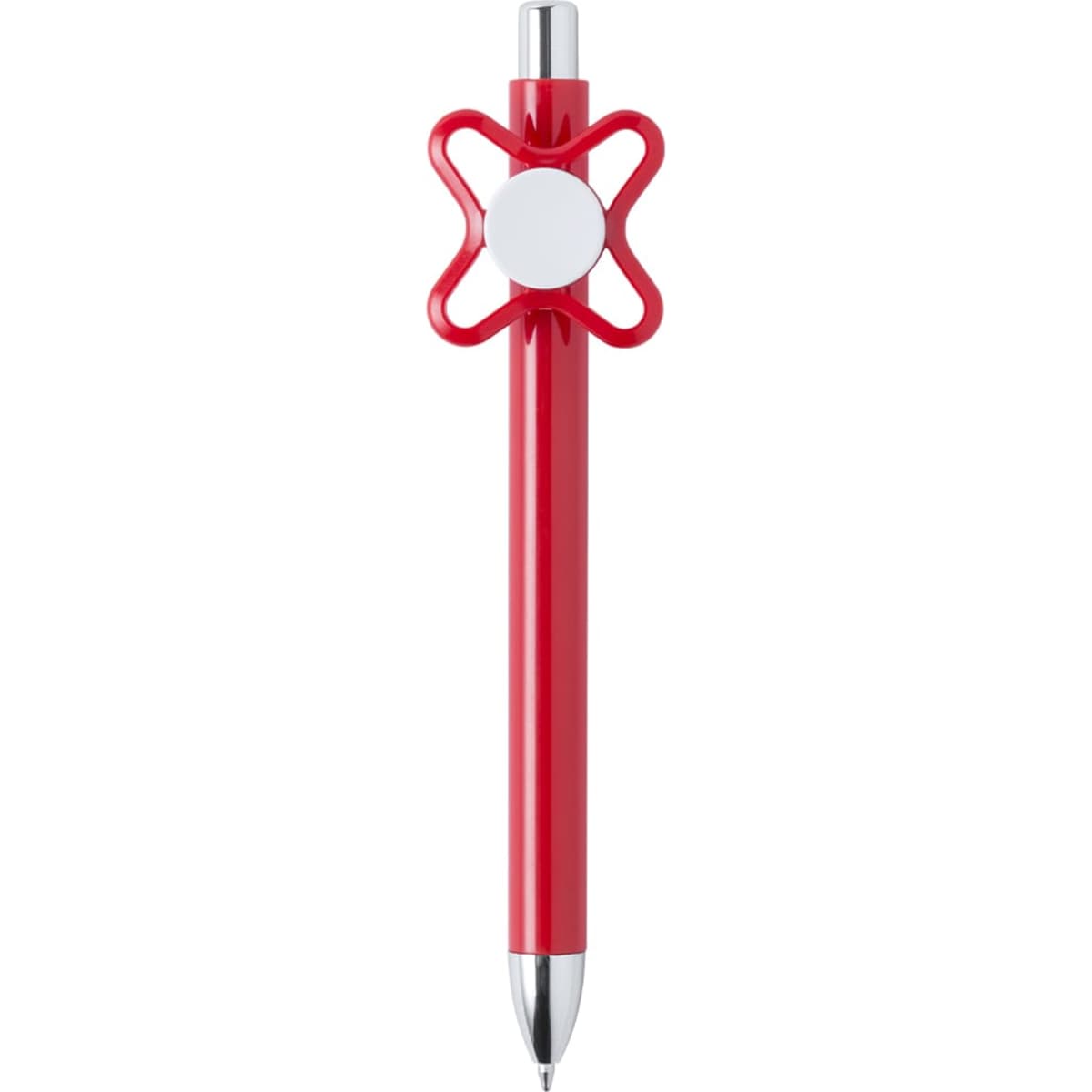 A red pen with a unique flower-like clip design and a silver tip. It features a branding logo.