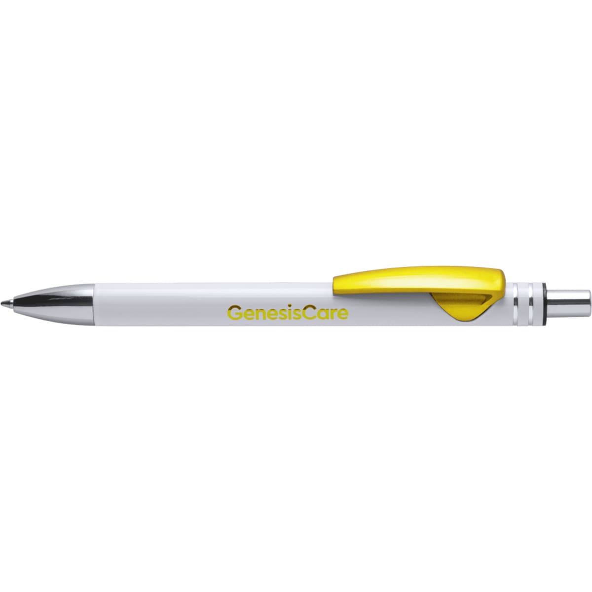 A white metal pen with a yellow click mechanism and a branding logo.