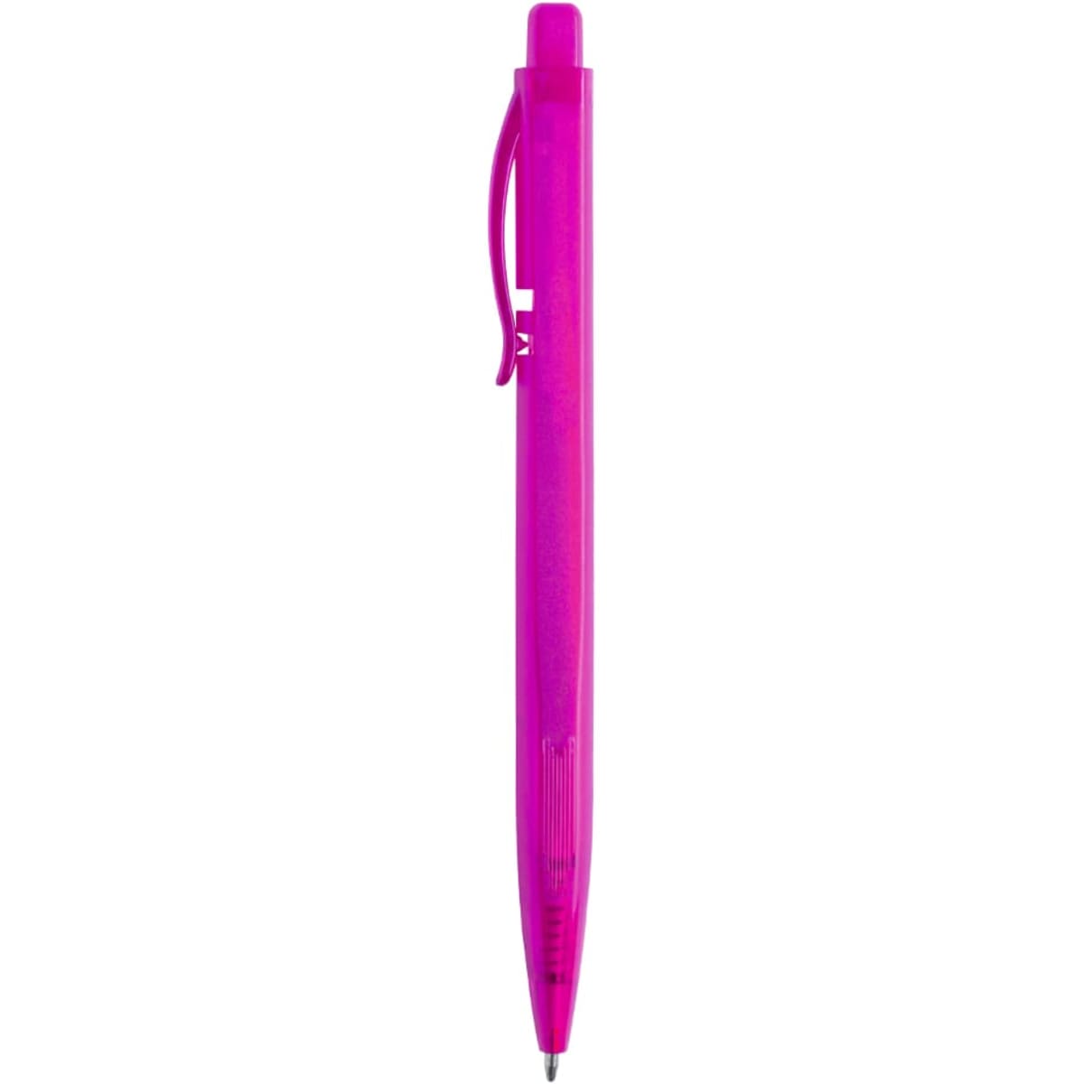 A pink plastic pen with a clip and grip area, featuring a logo on the barrel.