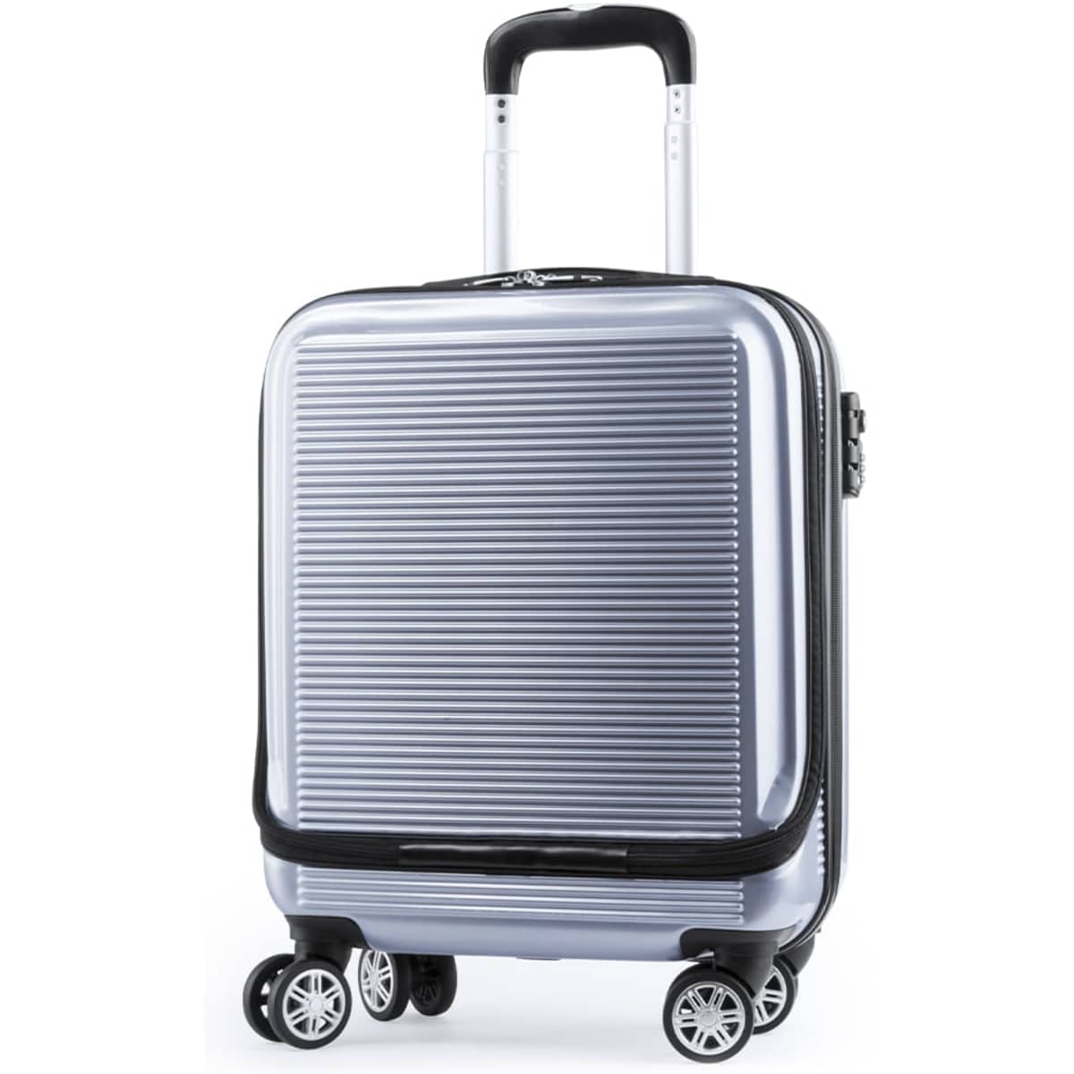 A wheeled bag in silver with a ridged design and a retractable handle. It features four wheels for easy transport.